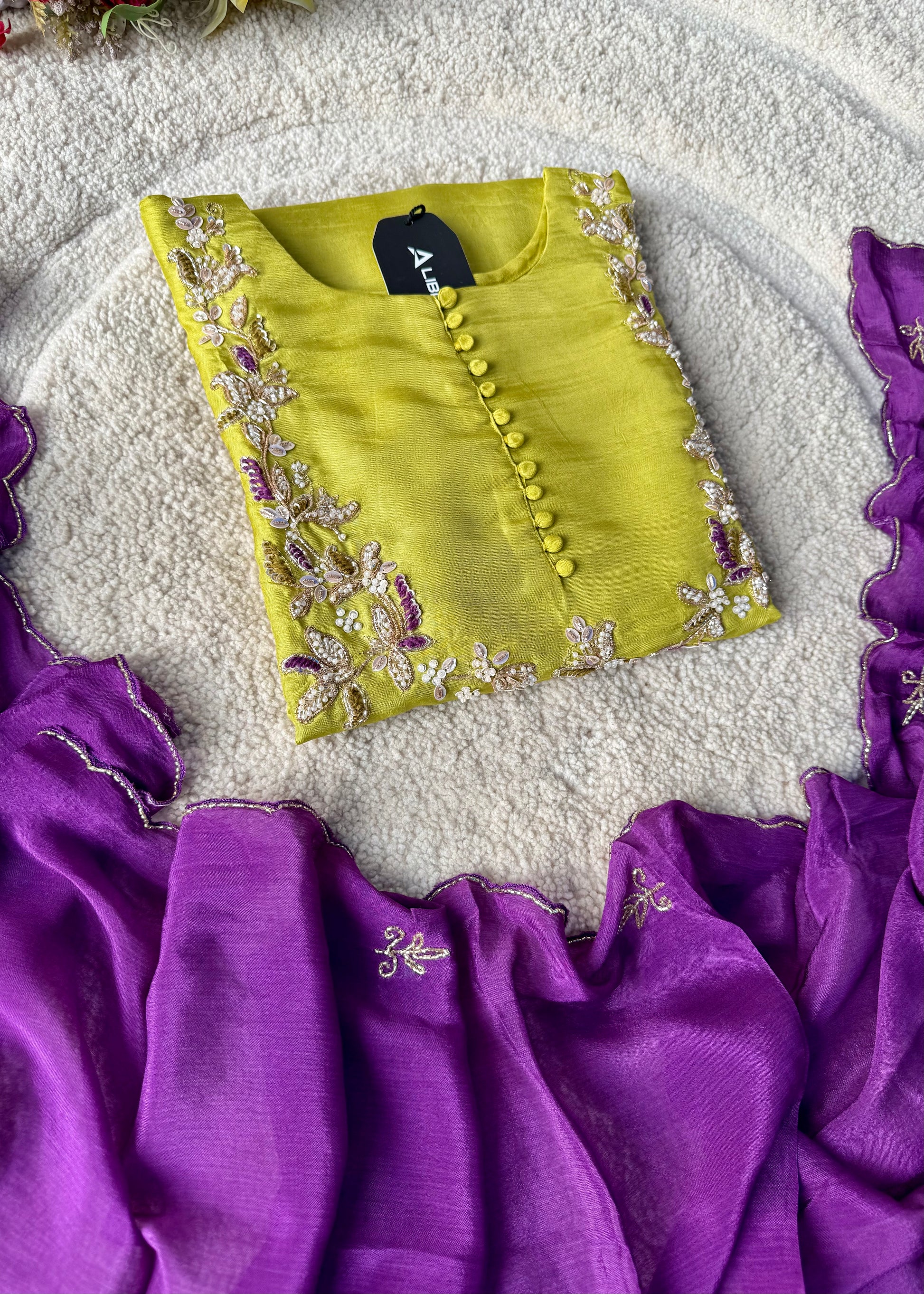 “Aisha” Lime Purple Elegance Dola Silk Kurta Set