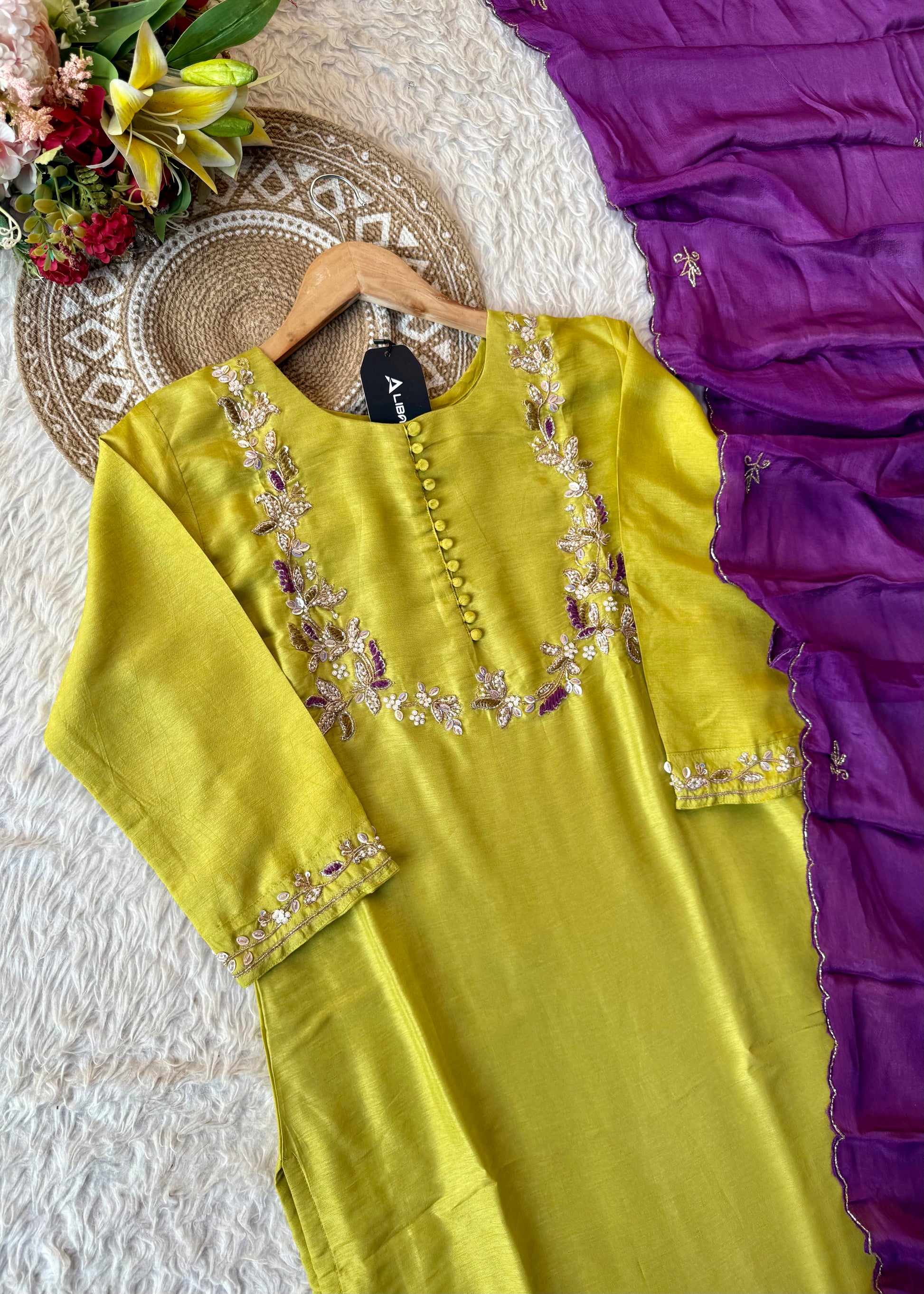 “Aisha” Lime Purple Elegance Dola Silk Kurta Set