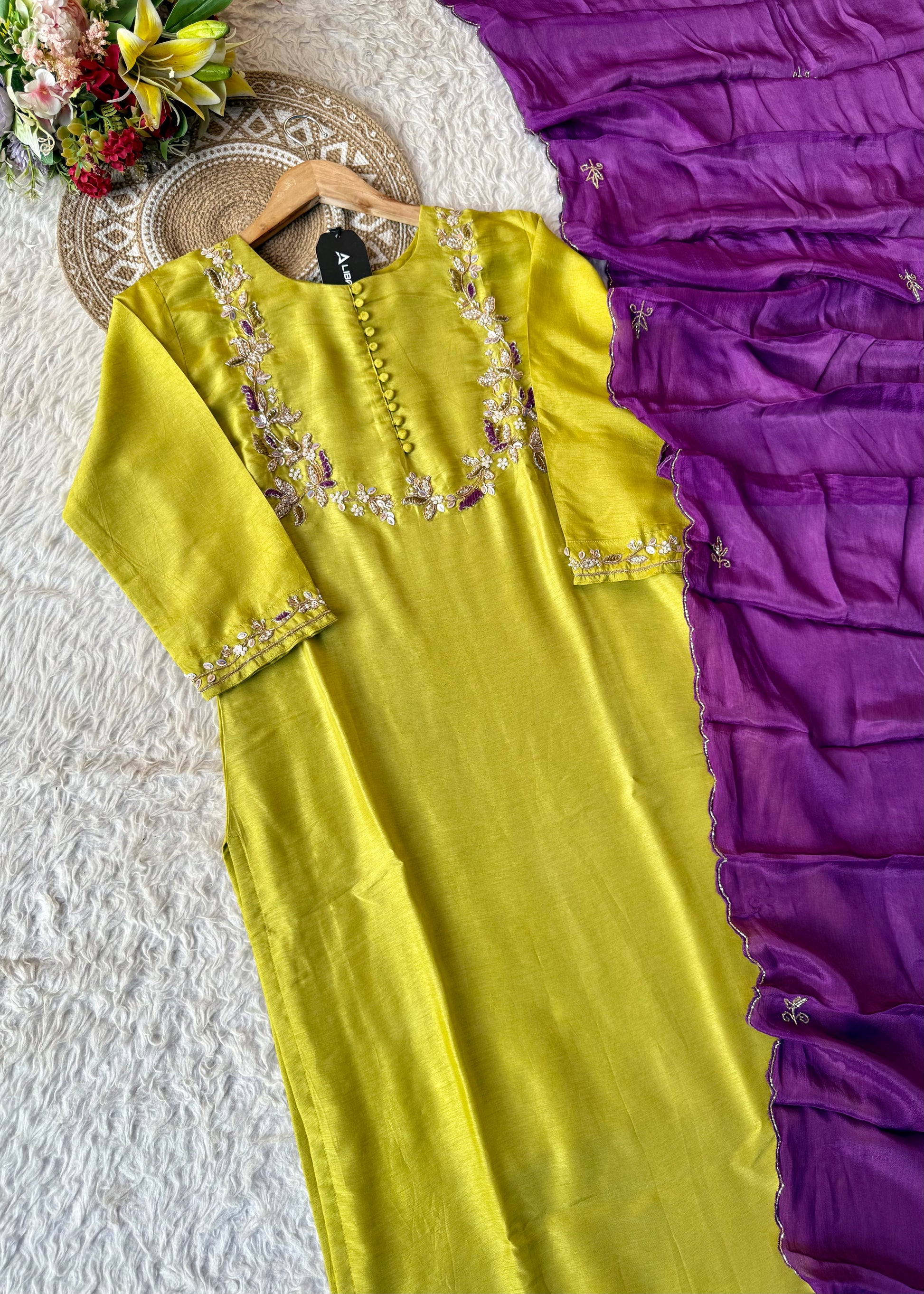 “Aisha” Lime Purple Elegance Dola Silk Kurta Set
