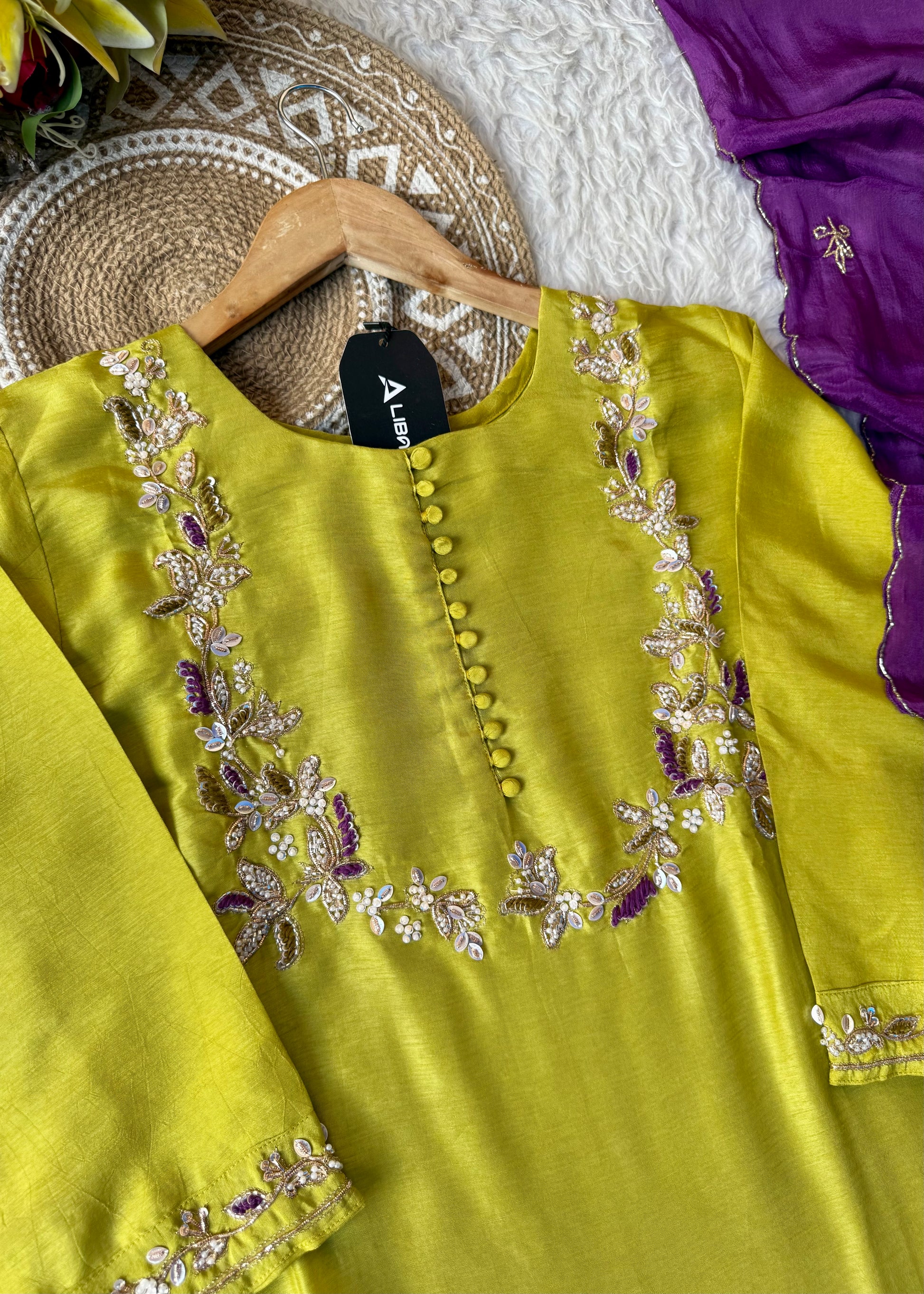 “Aisha” Lime Purple Elegance Dola Silk Kurta Set