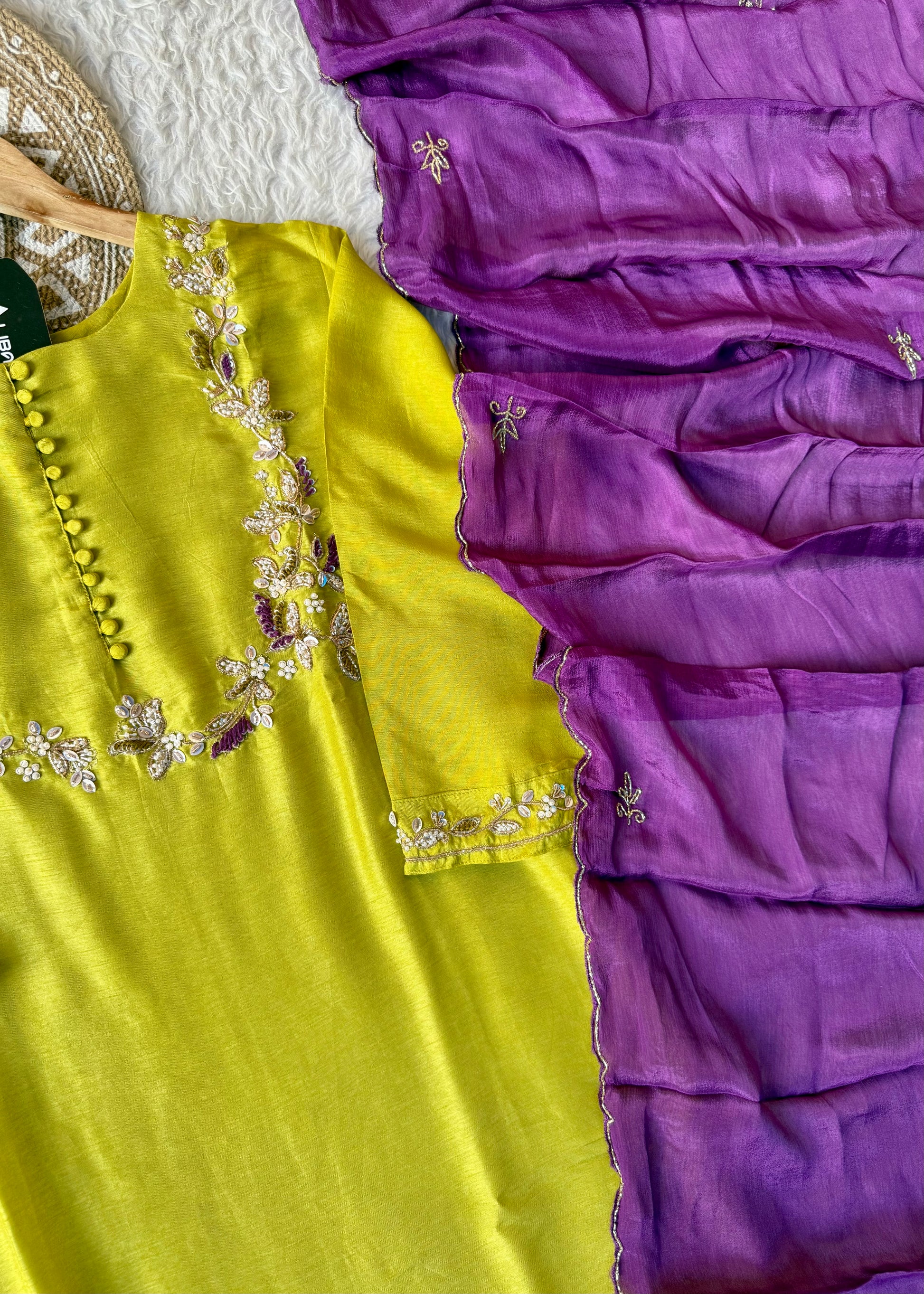 “Aisha” Lime Purple Elegance Dola Silk Kurta Set