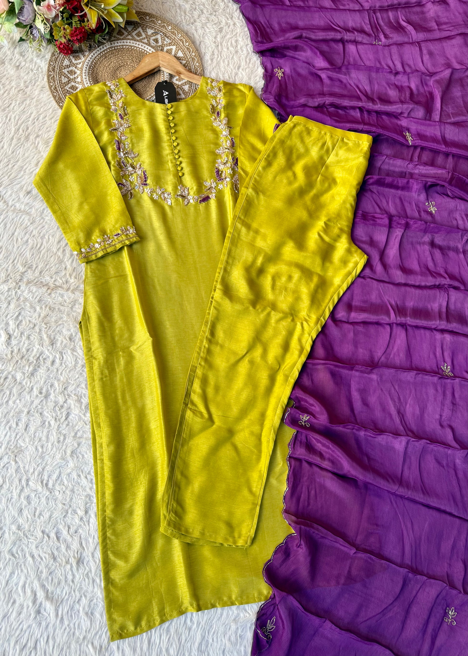 “Aisha” Lime Purple Elegance Dola Silk Kurta Set