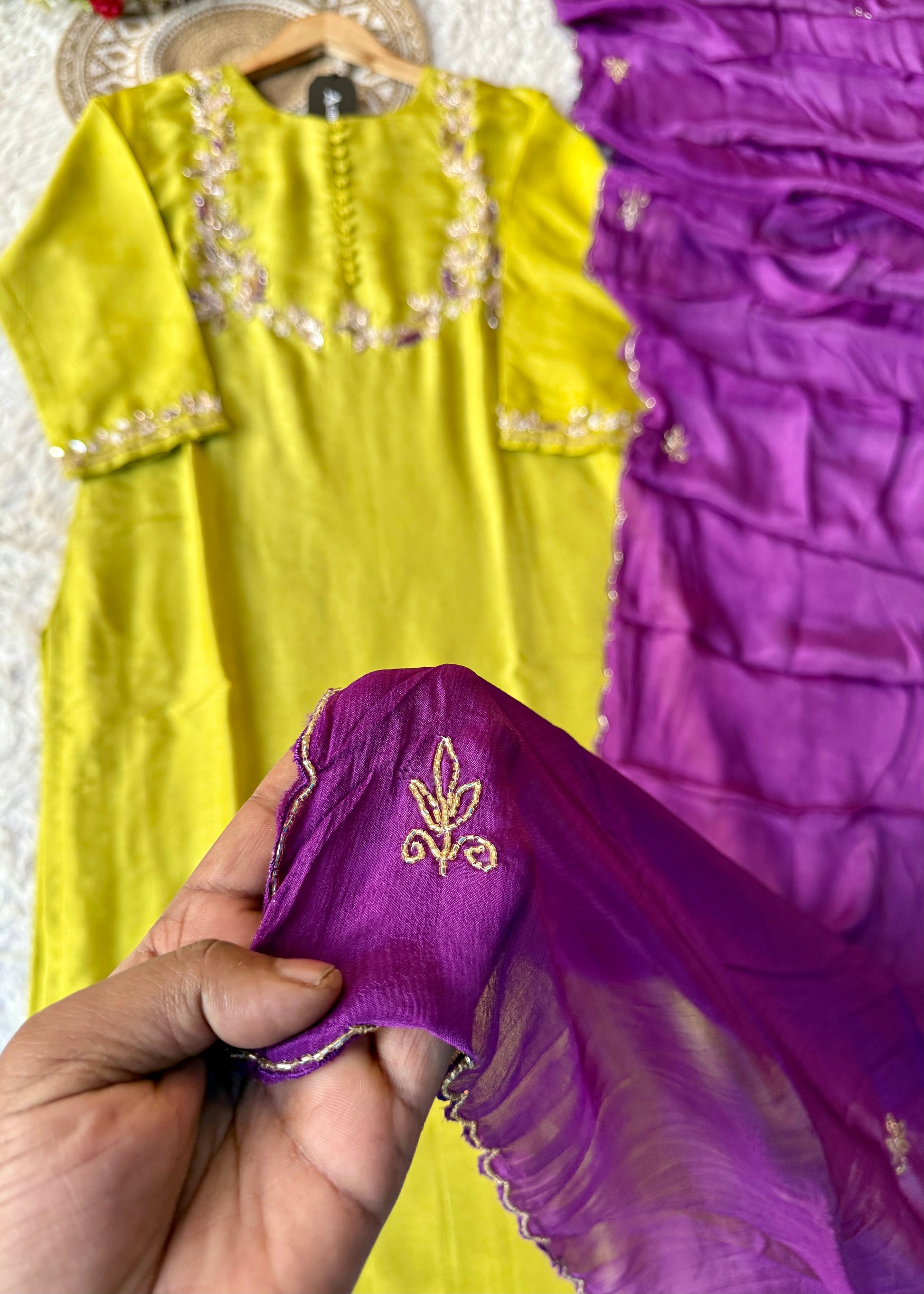 “Aisha” Lime Purple Elegance Dola Silk Kurta Set