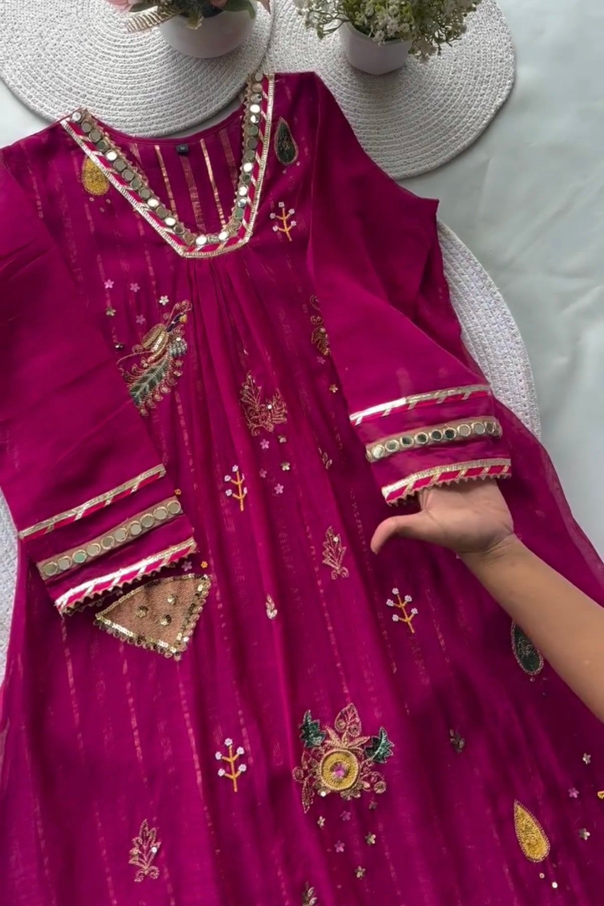 “Fuchsia” Trending Mul Chanderi Heavy Handwork A Line Suit Set