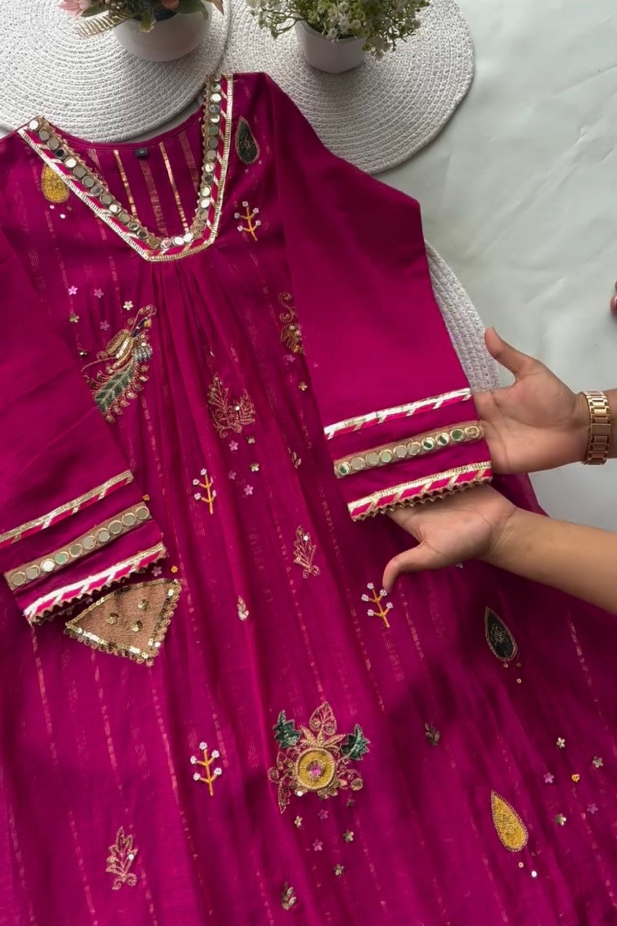 “Fuchsia” Trending Mul Chanderi Heavy Handwork A Line Suit Set