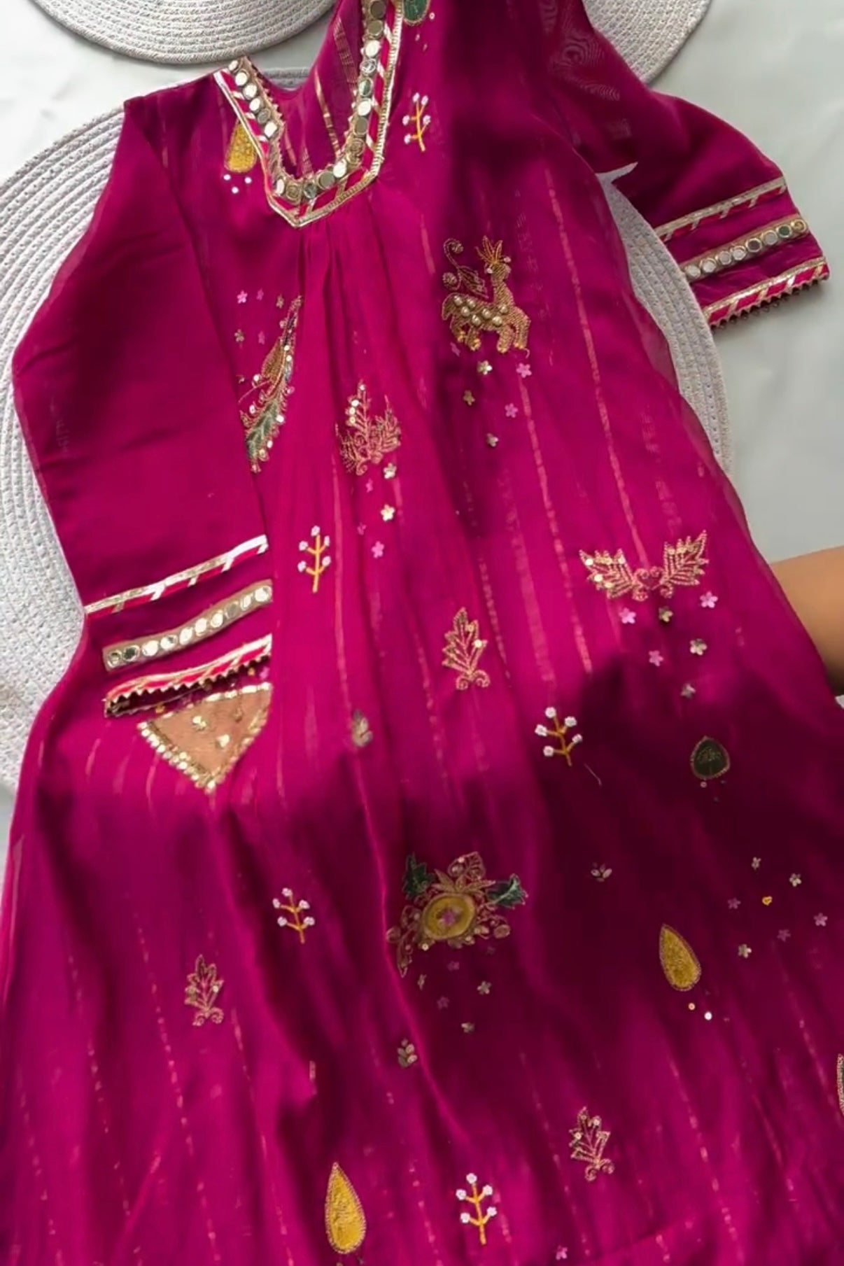 “Fuchsia” Trending Mul Chanderi Heavy Handwork A Line Suit Set