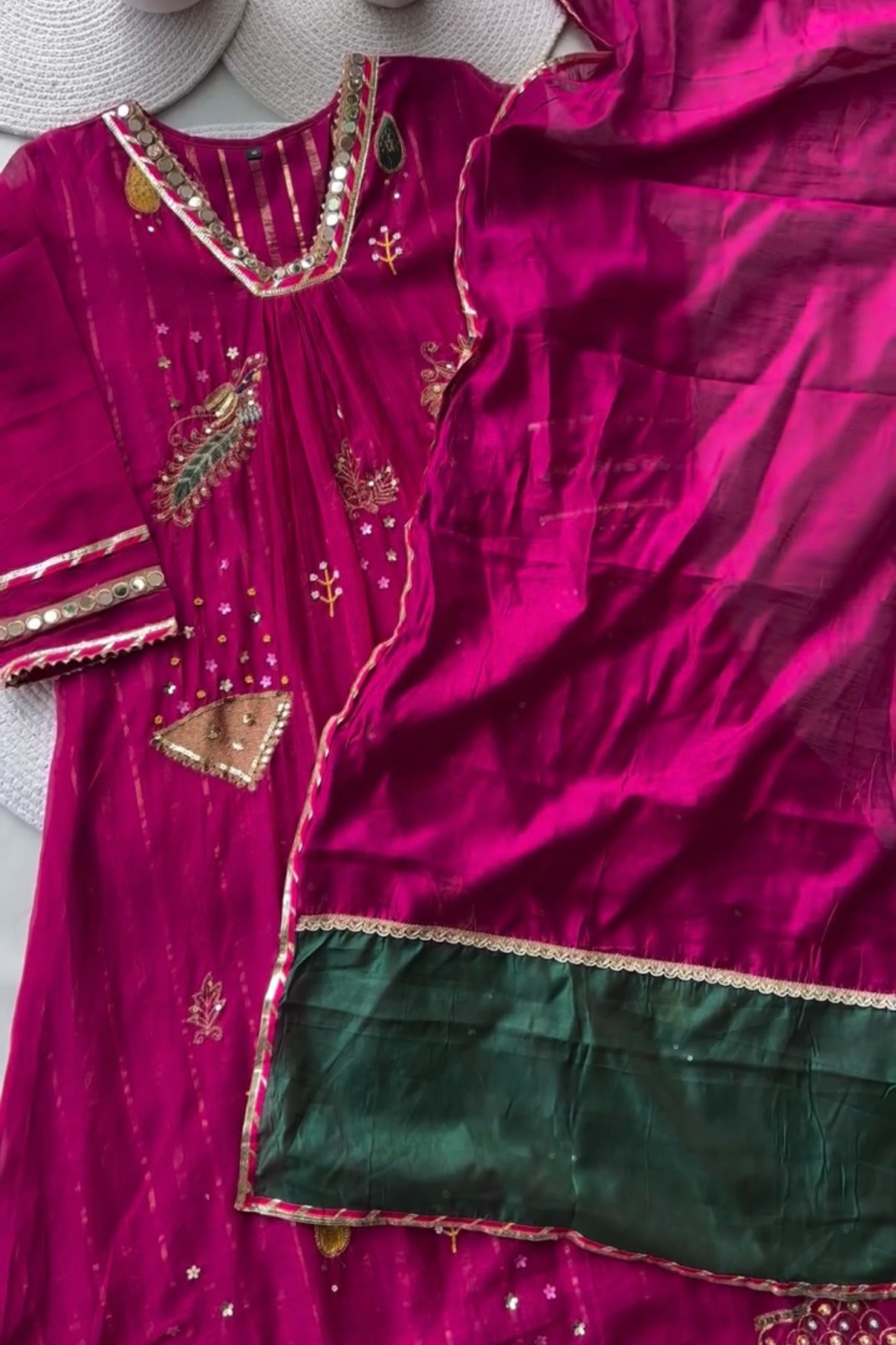 “Fuchsia” Trending Mul Chanderi Heavy Handwork A Line Suit Set