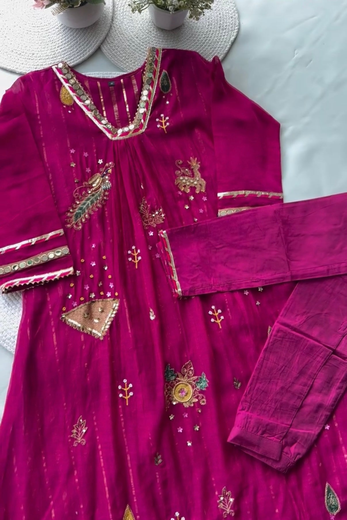 “Fuchsia” Trending Mul Chanderi Heavy Handwork A Line Suit Set