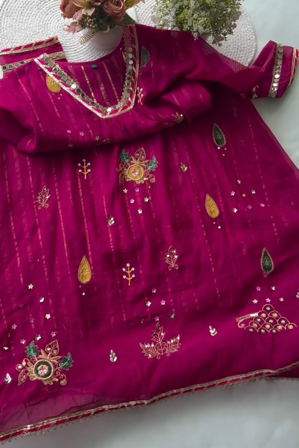“Fuchsia” Trending Mul Chanderi Heavy Handwork A Line Suit Set
