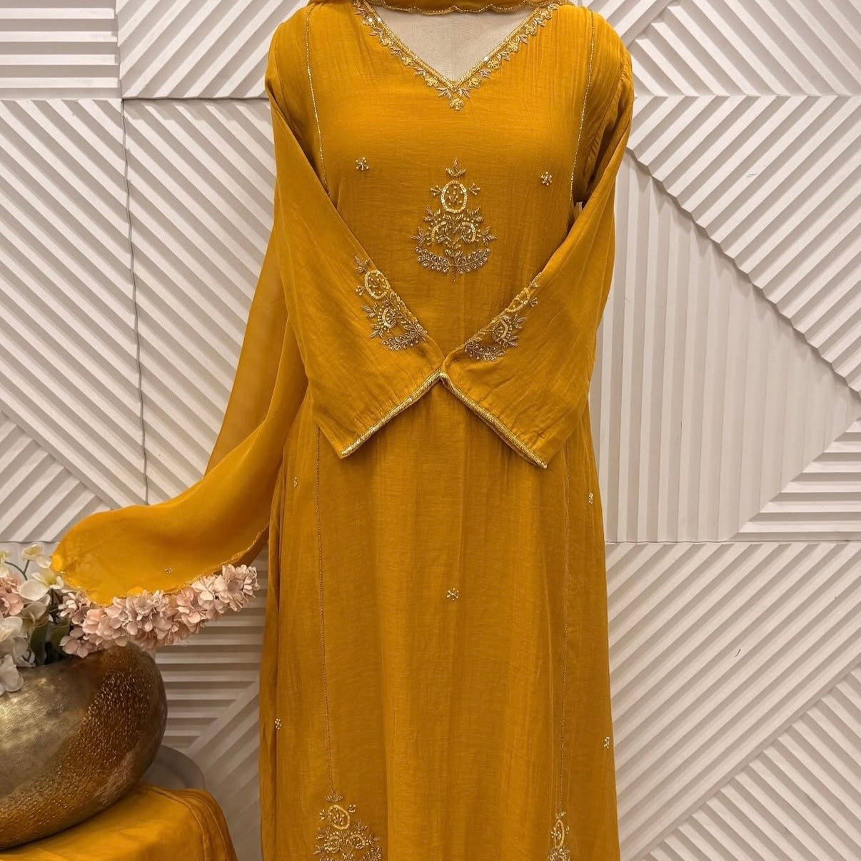 ✨”Zaria - Mustard Mul Chanderi A-Line Kurta Set
