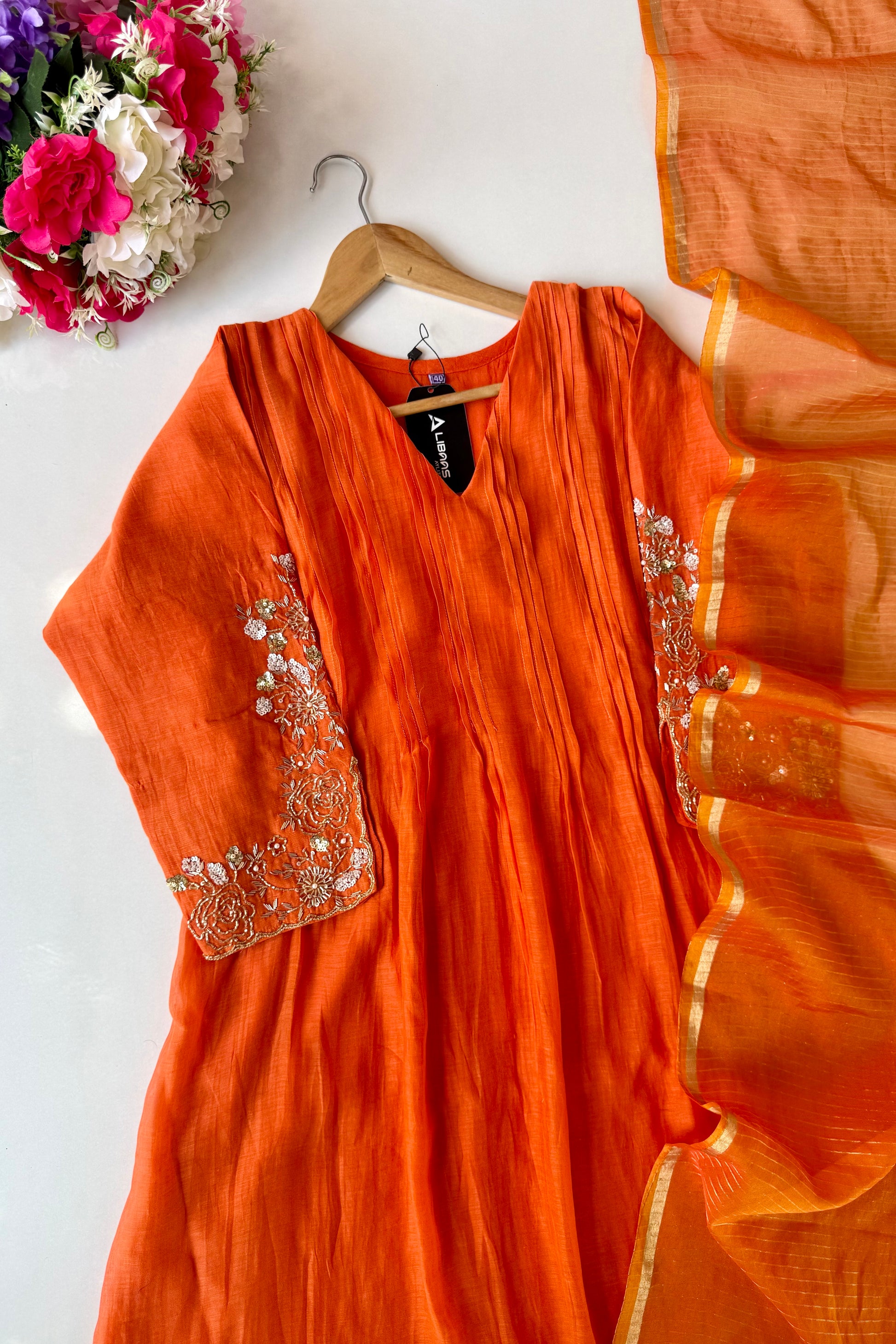3. Women’s Premium Orange Mul Chanderi A-Line Suit Set 