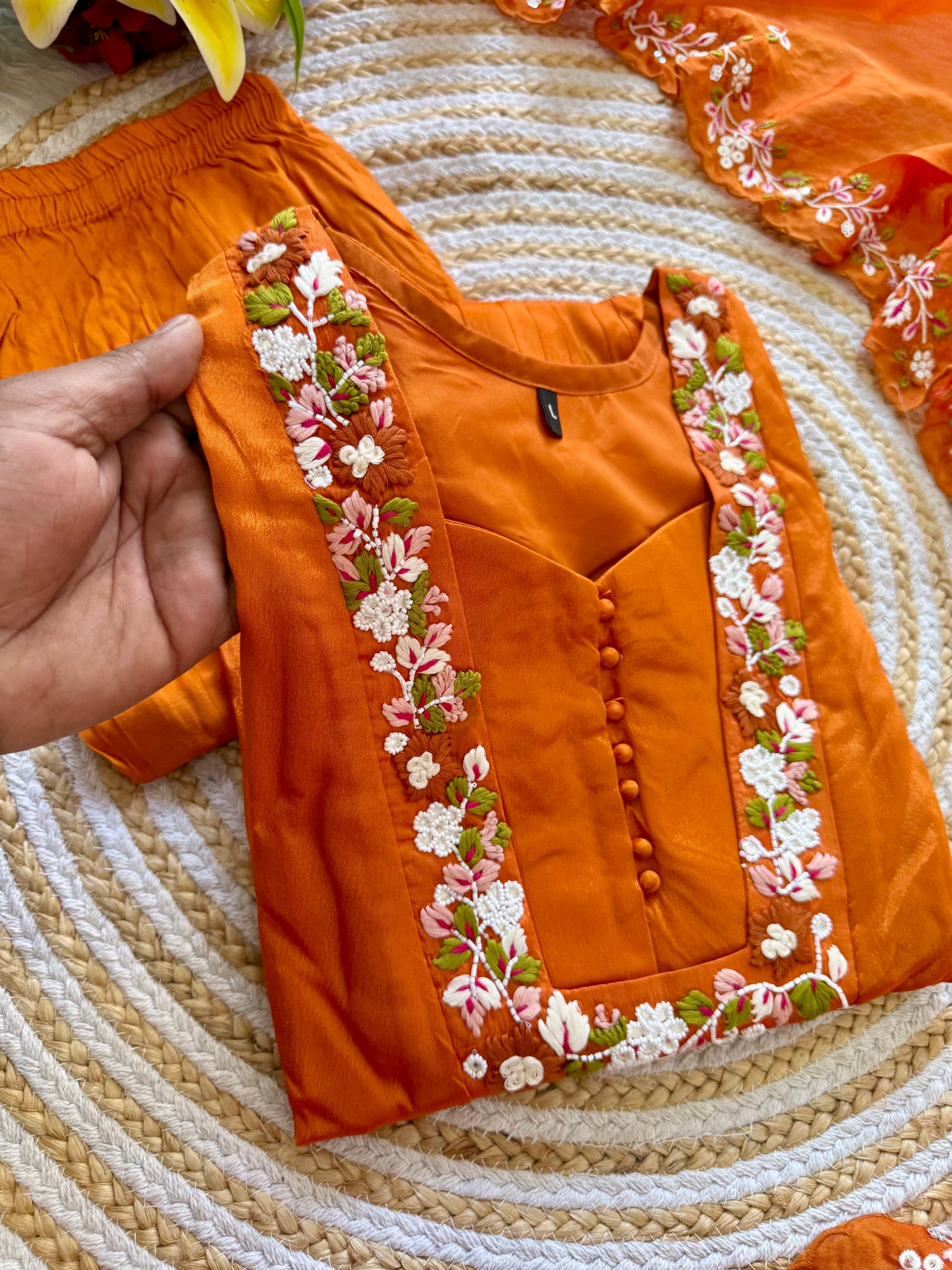 “SHIZA” Orange Tissue silk anarkali suit set
