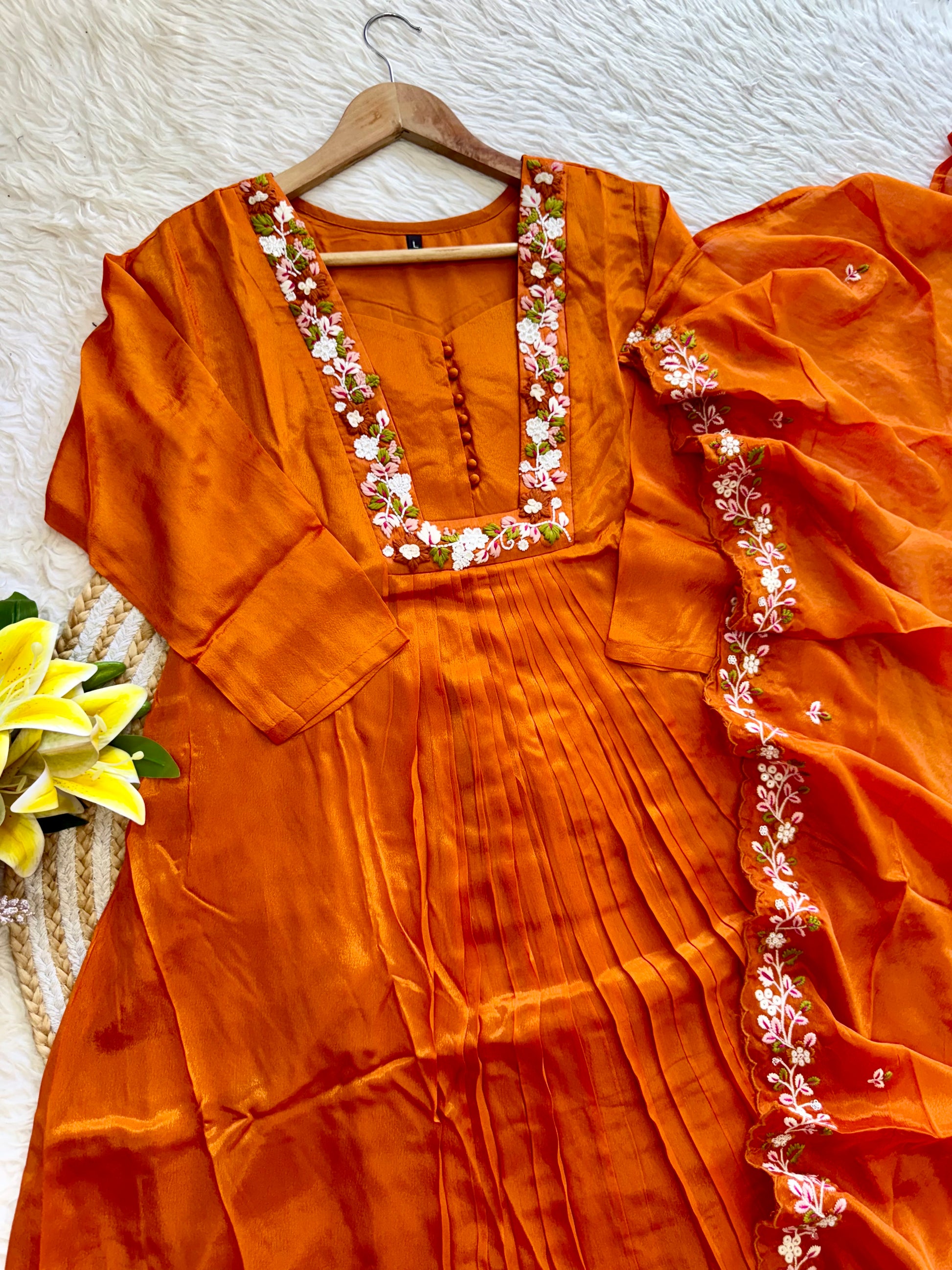 “SHIZA” Orange Tissue silk anarkali suit set
