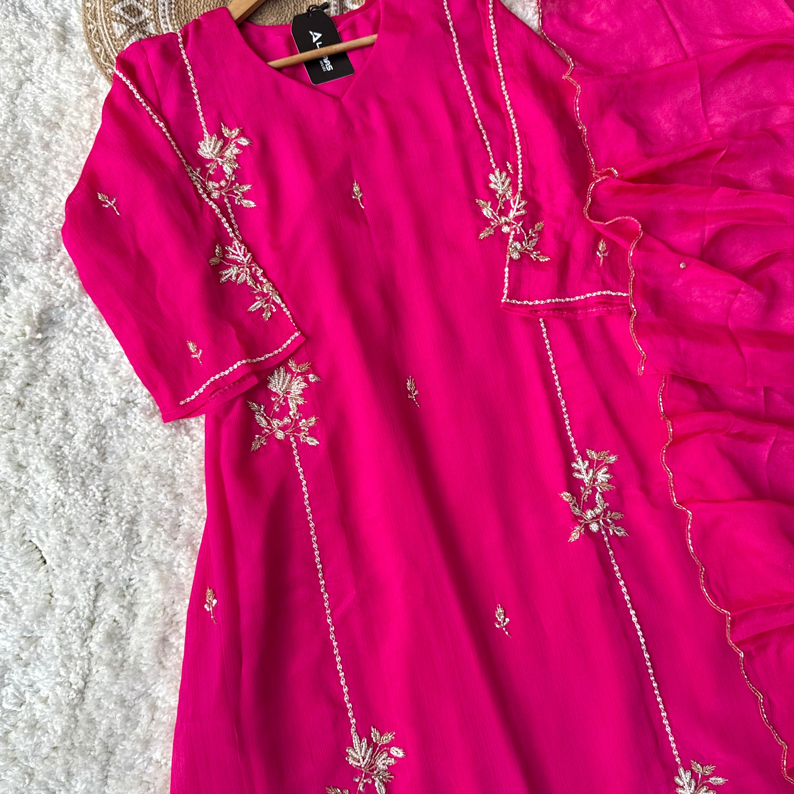 “Noor” Introducing Royal Blue & Hot Pink Heavy Handwork Chinnon A Line Suit