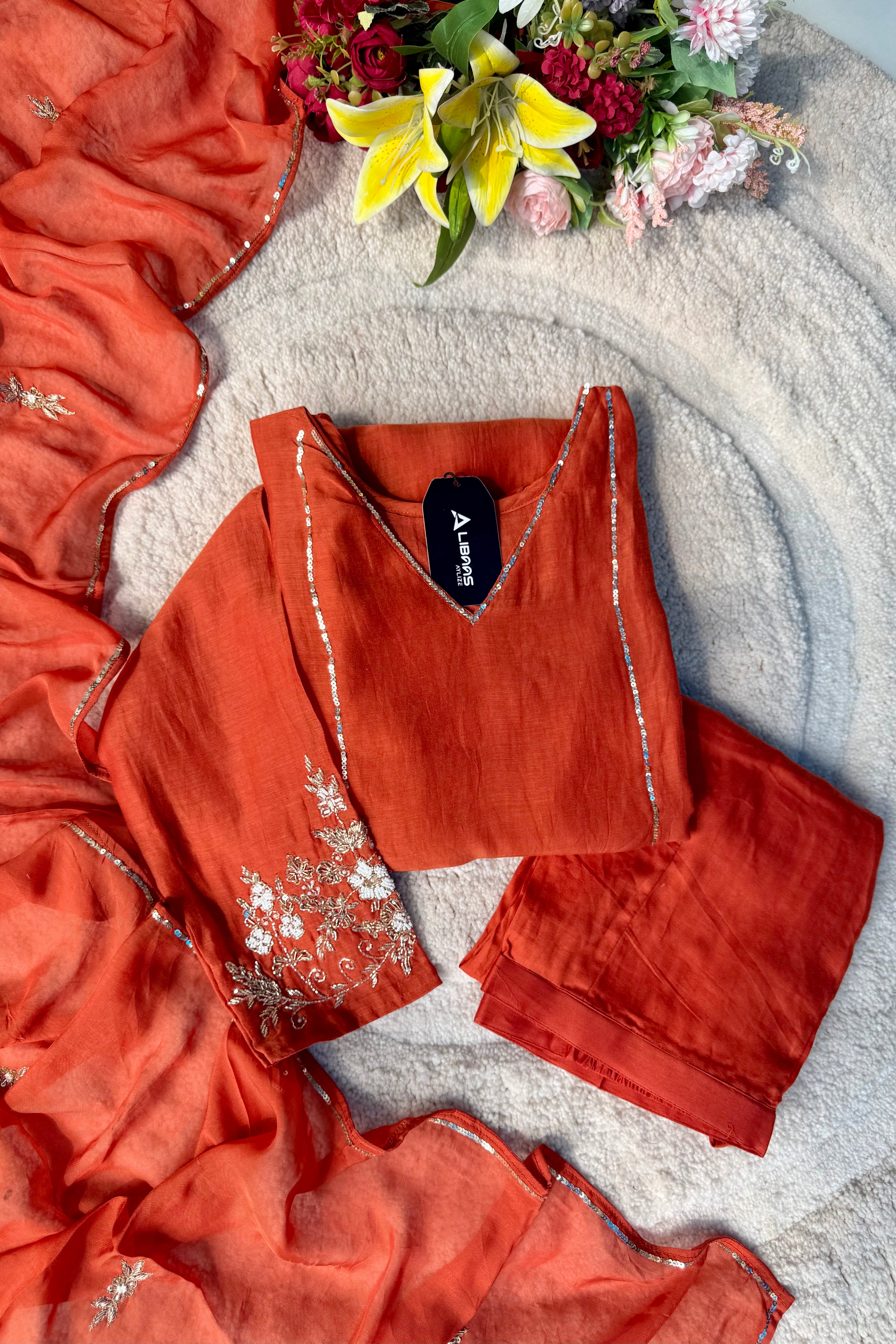 “Kanika” Orange Mul Chanderi A line Kurta Set
