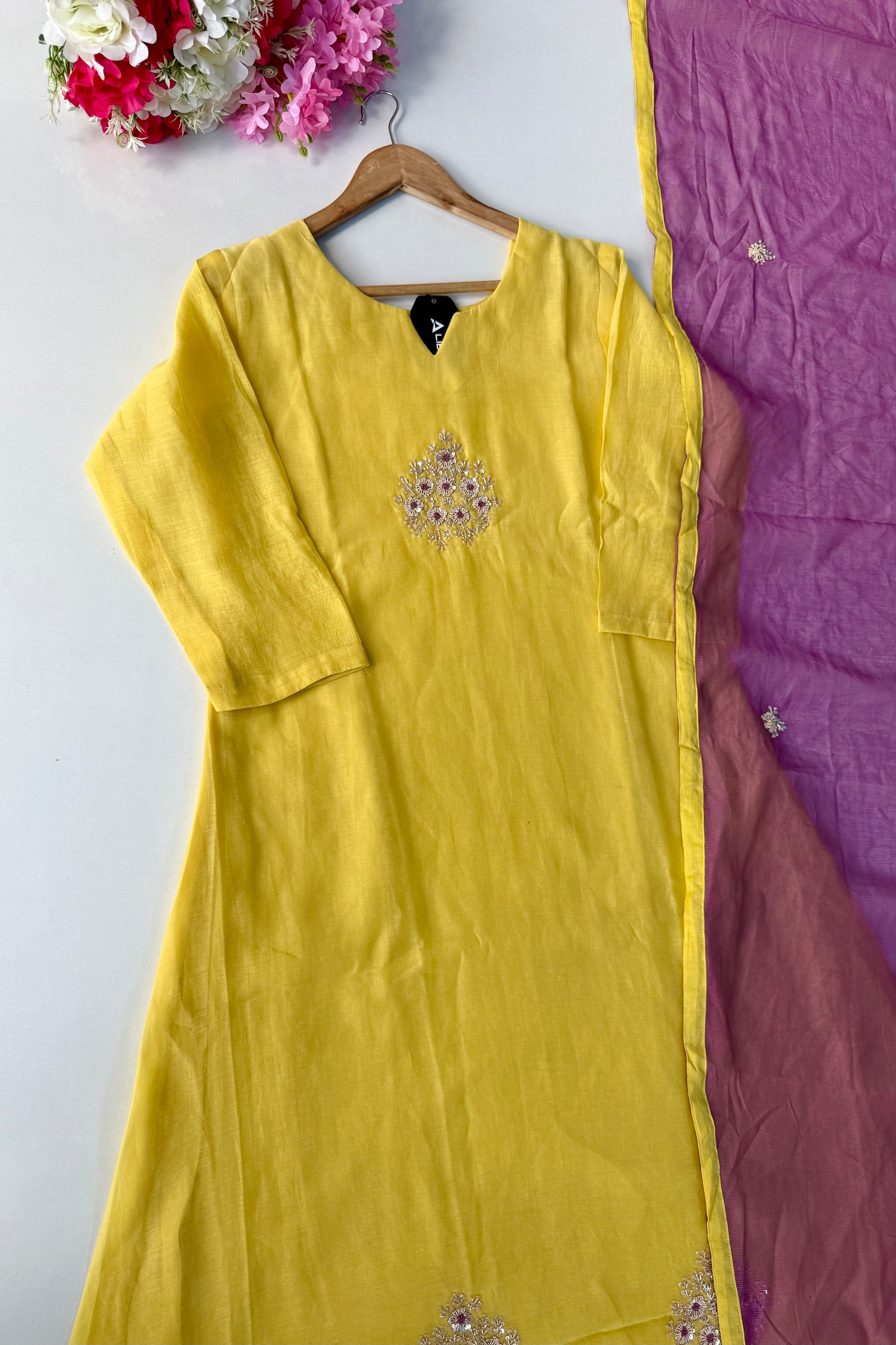🛍️”Sinthya –  Premium Yellow Mul Chanderi A Line Kurta Set