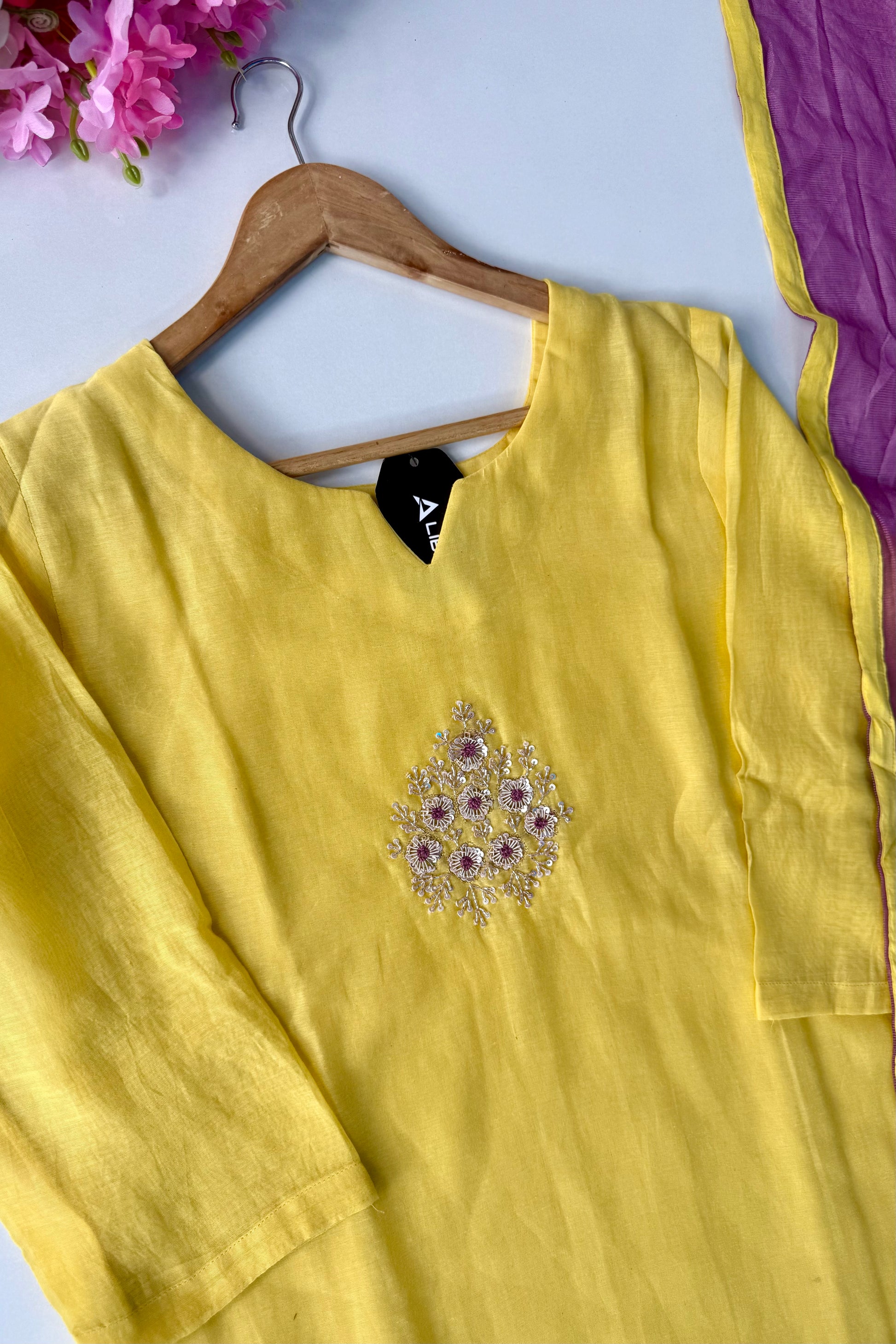 🛍️”Sinthya –  Premium Yellow Mul Chanderi A Line Kurta Set