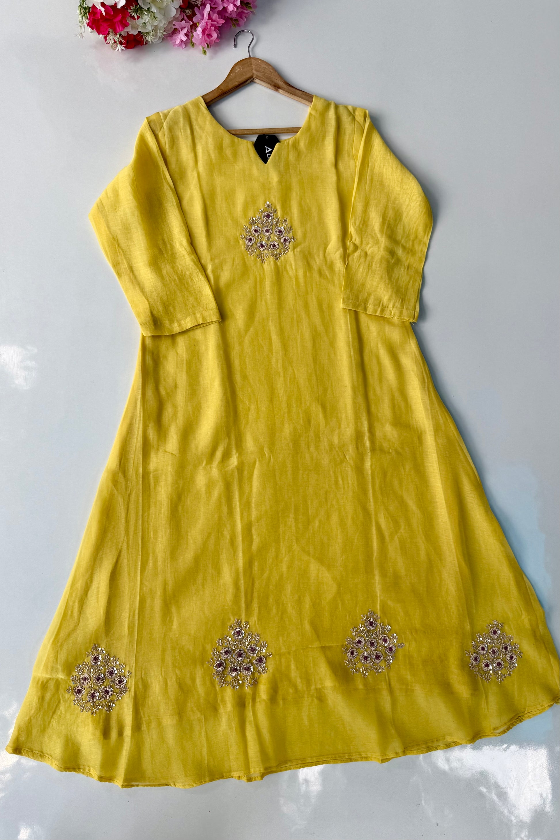 🛍️”Sinthya –  Premium Yellow Mul Chanderi A Line Kurta Set