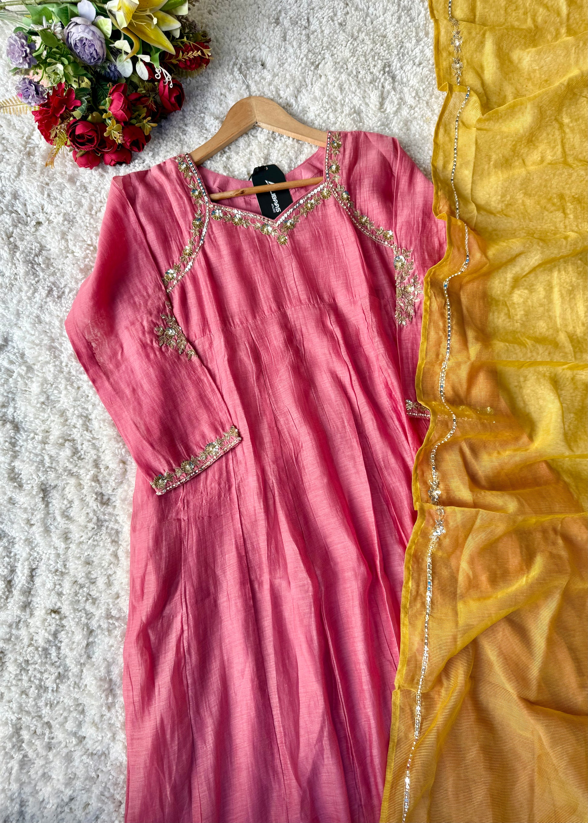 “Gulabo” Premium Rose Pink Mul Chanderi A-Line Suit 💕