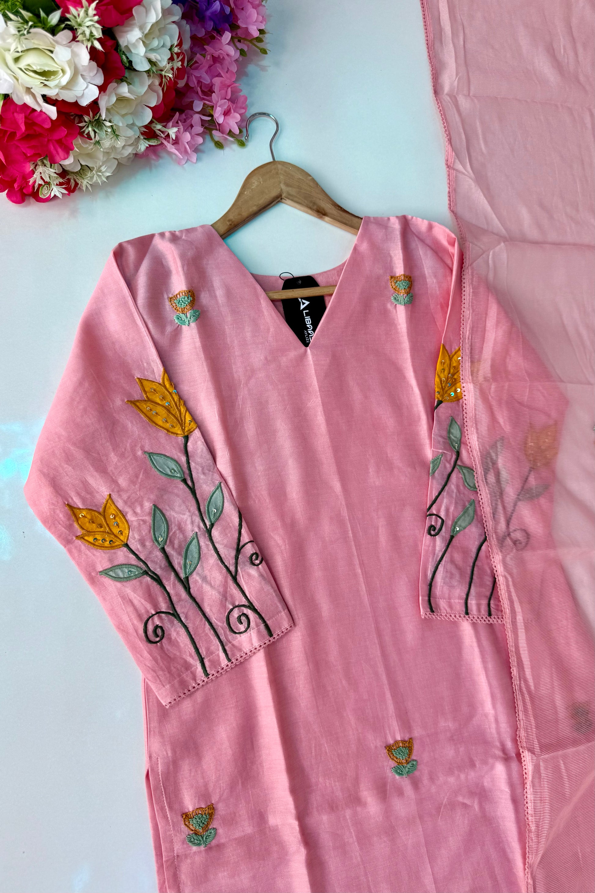 🛍️”Rosyn –  Premium Peach Mul Chanderi Straight Kurta Set