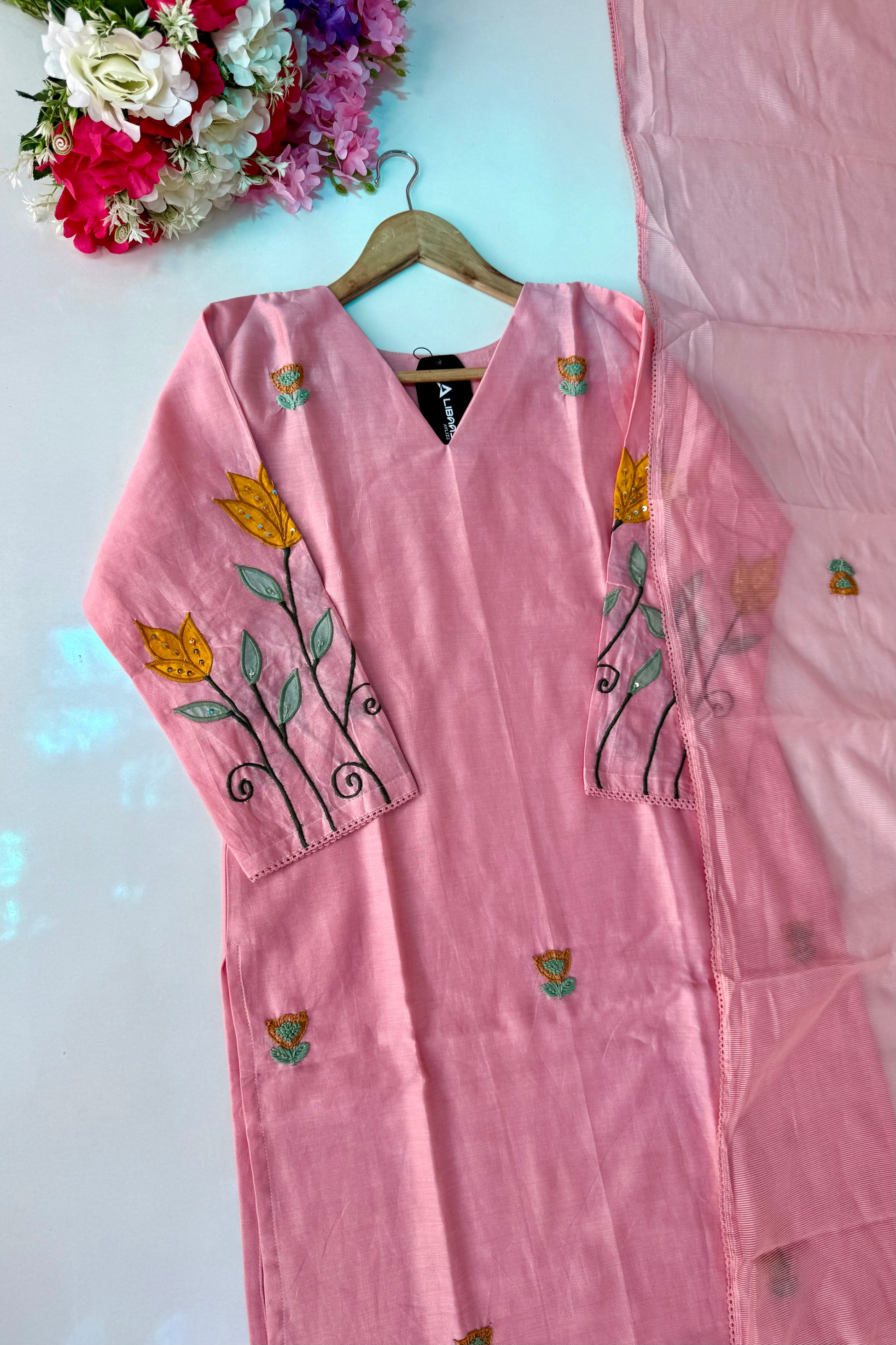 🛍️”Rosyn –  Premium Peach Mul Chanderi Straight Kurta Set