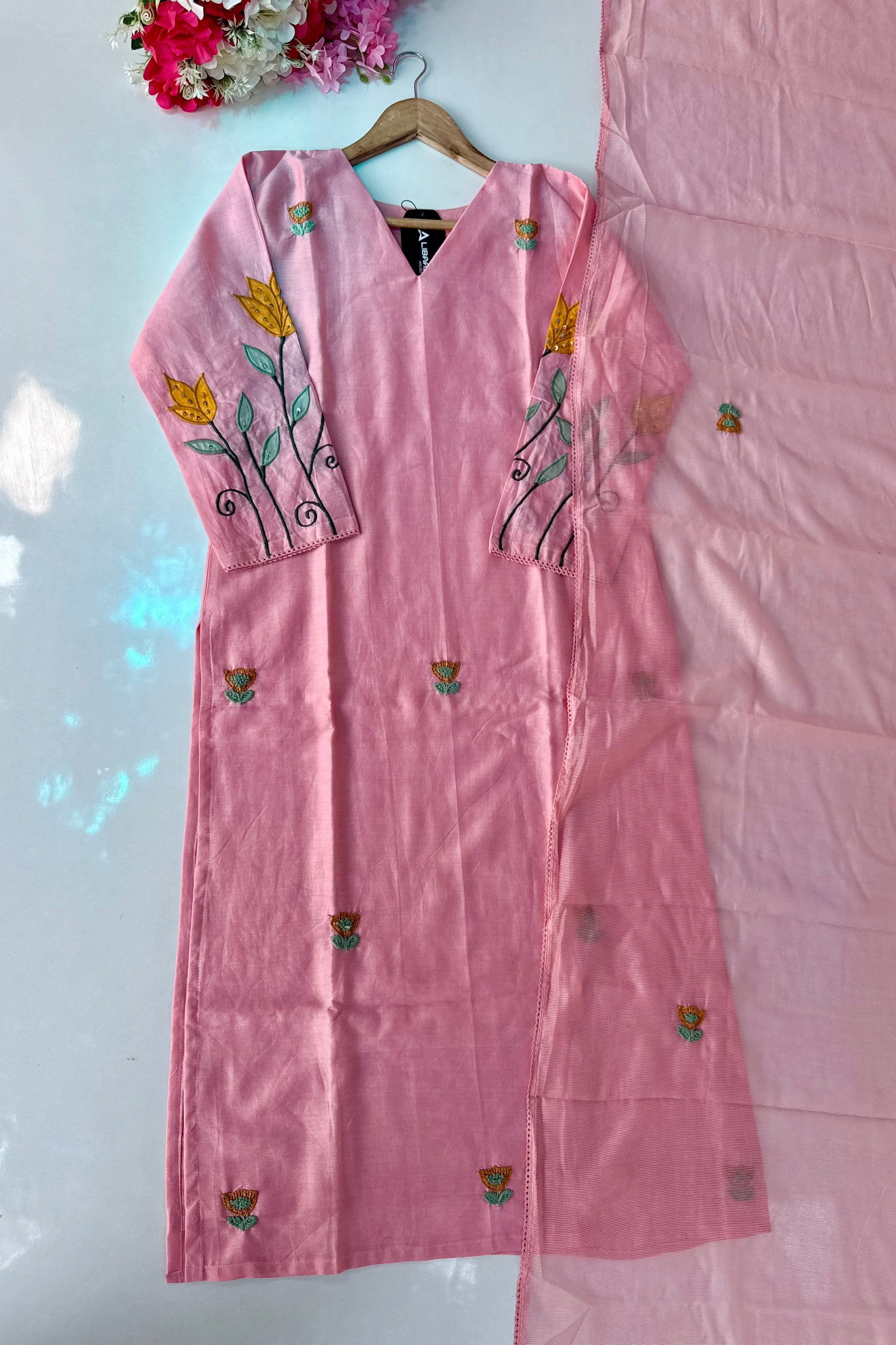 🛍️”Rosyn –  Premium Peach Mul Chanderi Straight Kurta Set