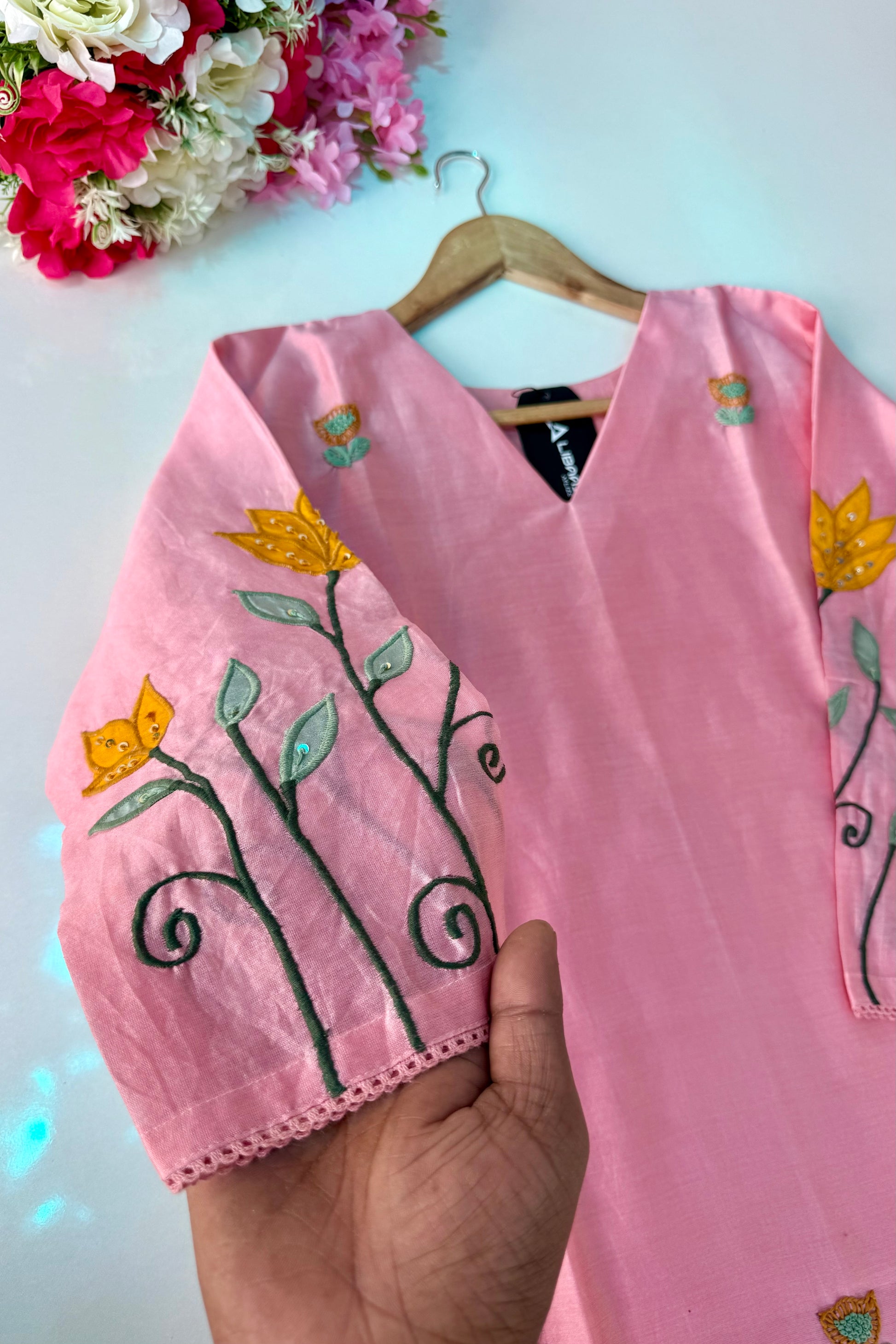 🛍️”Rosyn –  Premium Peach Mul Chanderi Straight Kurta Set