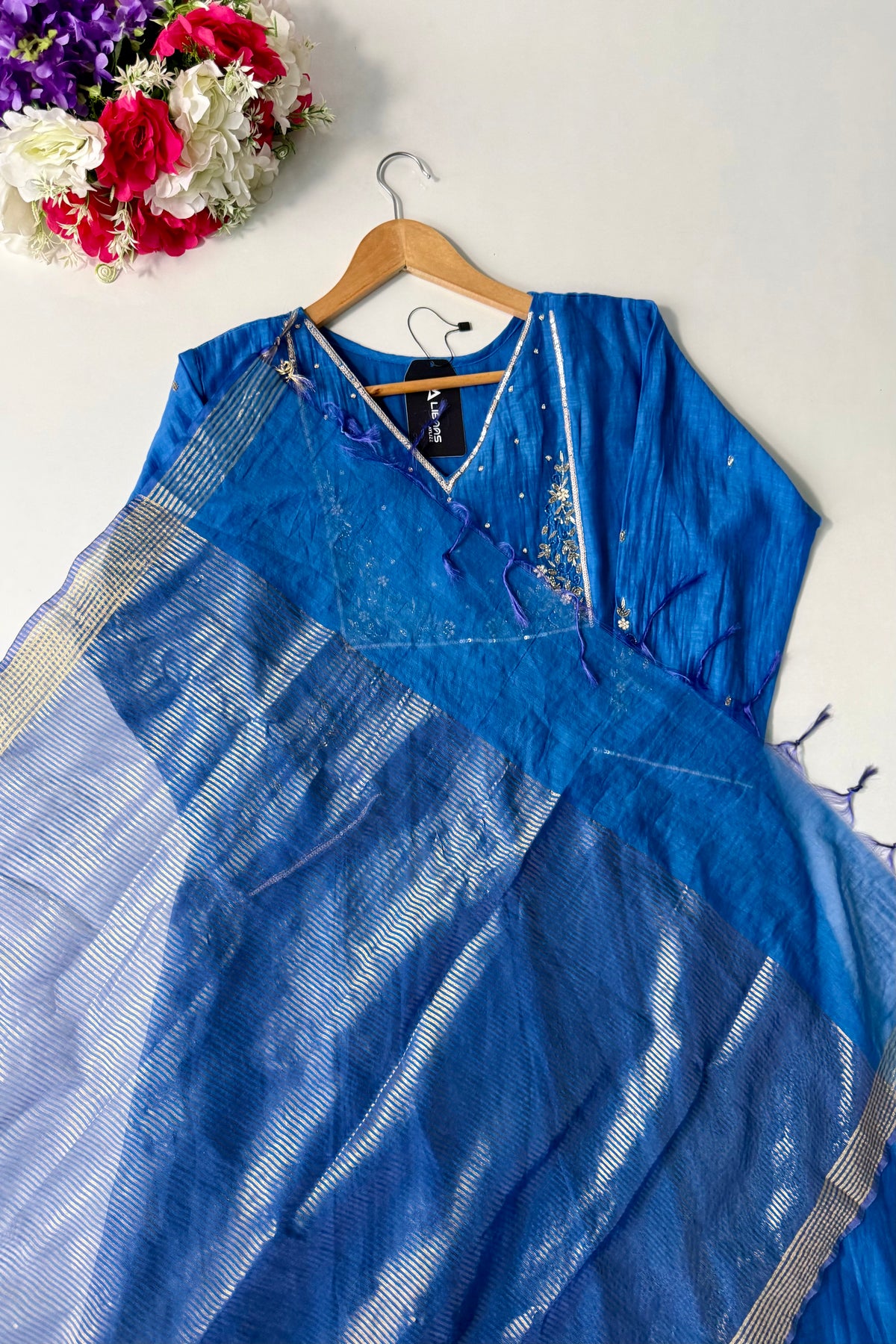✨ Gulnoor – Royal Blue Mul Chanderi A-Line Kurta Set with Dupatta