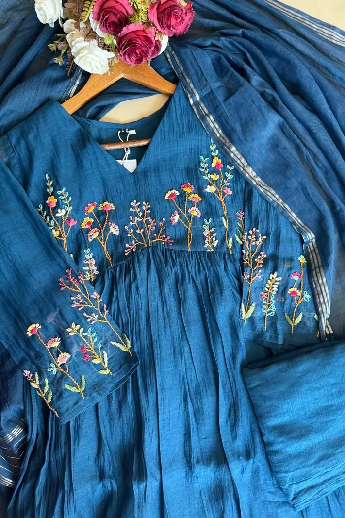 💙AYRA- Pre book Blue Mul Chanderi Thread Work Anarkali Kurta Set