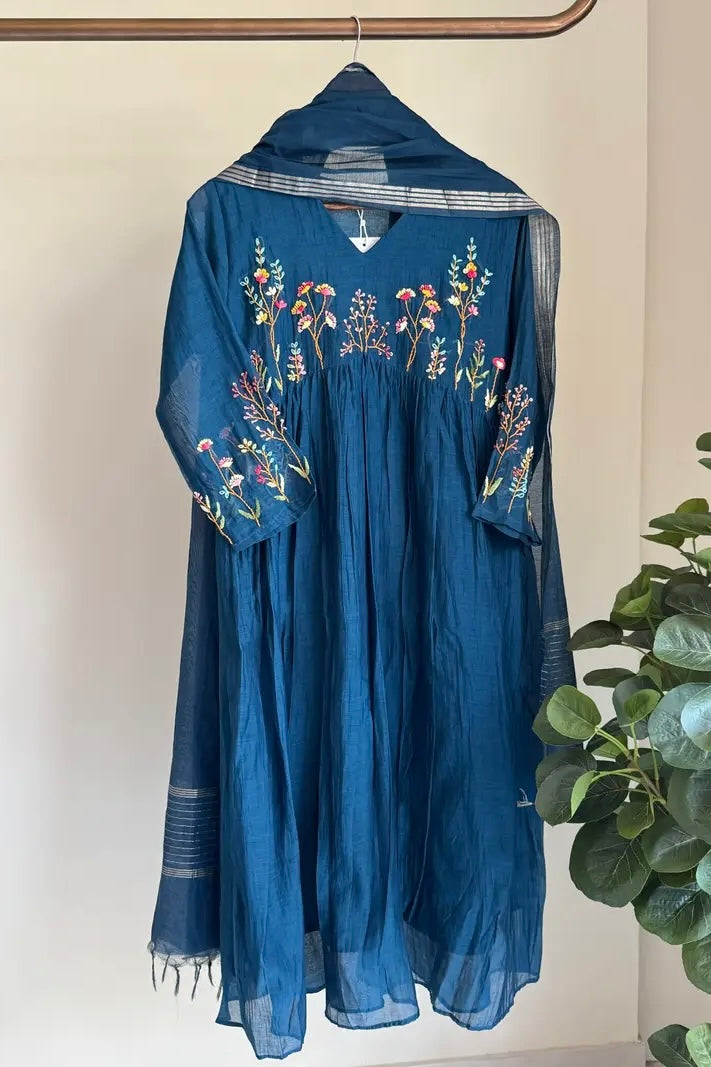 💙AYRA- Pre book Blue Mul Chanderi Thread Work Anarkali Kurta Set