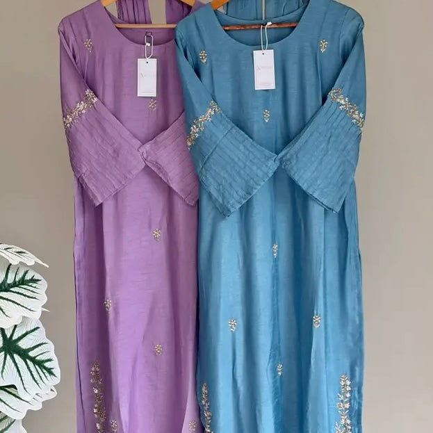 ✨”Aleena – Premium Dola Silk Daman work Kurta Set