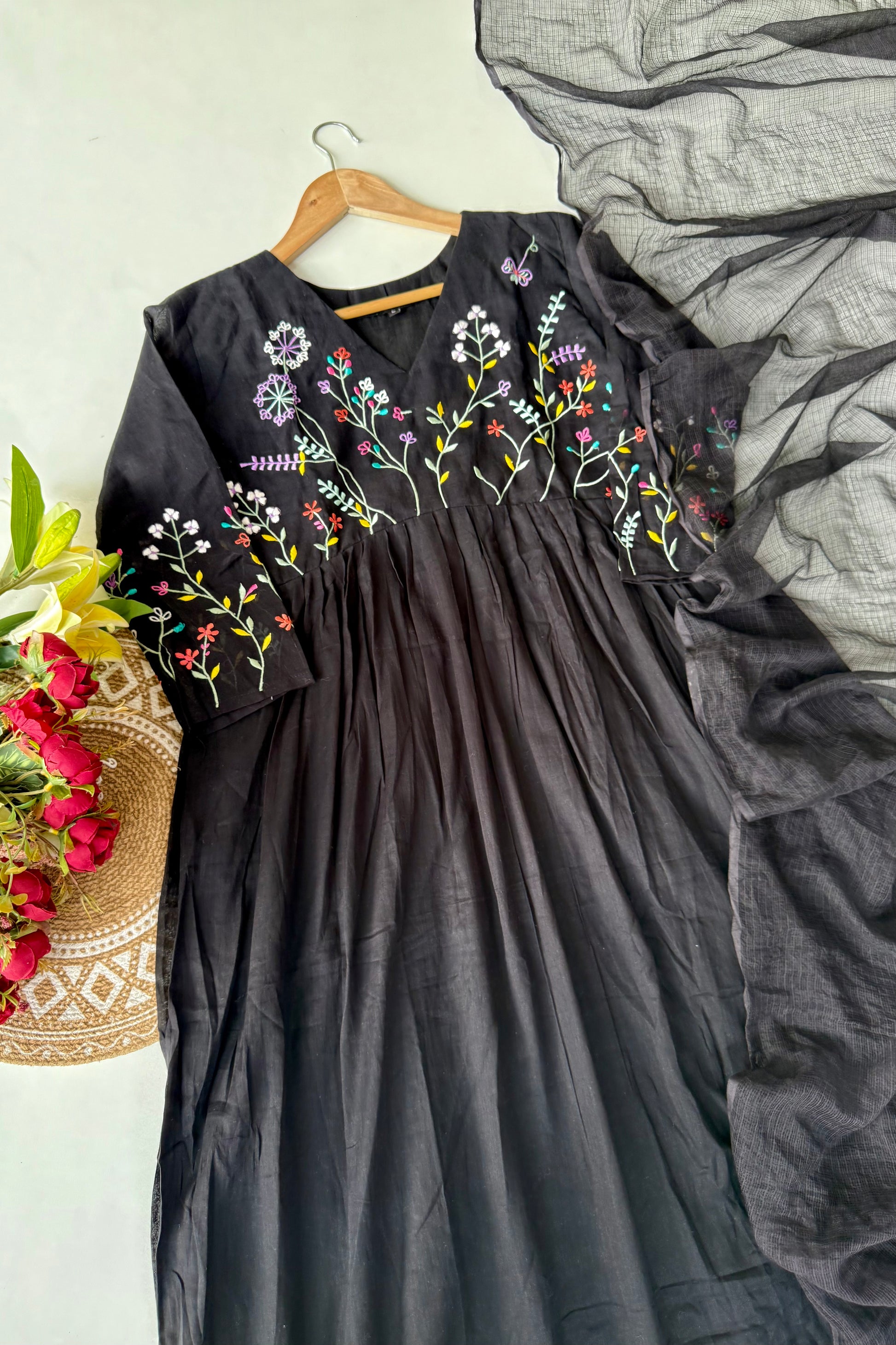 “Ziva” Beautiful Black Mul Cotton Embroidered Anarkali Kurta Set
