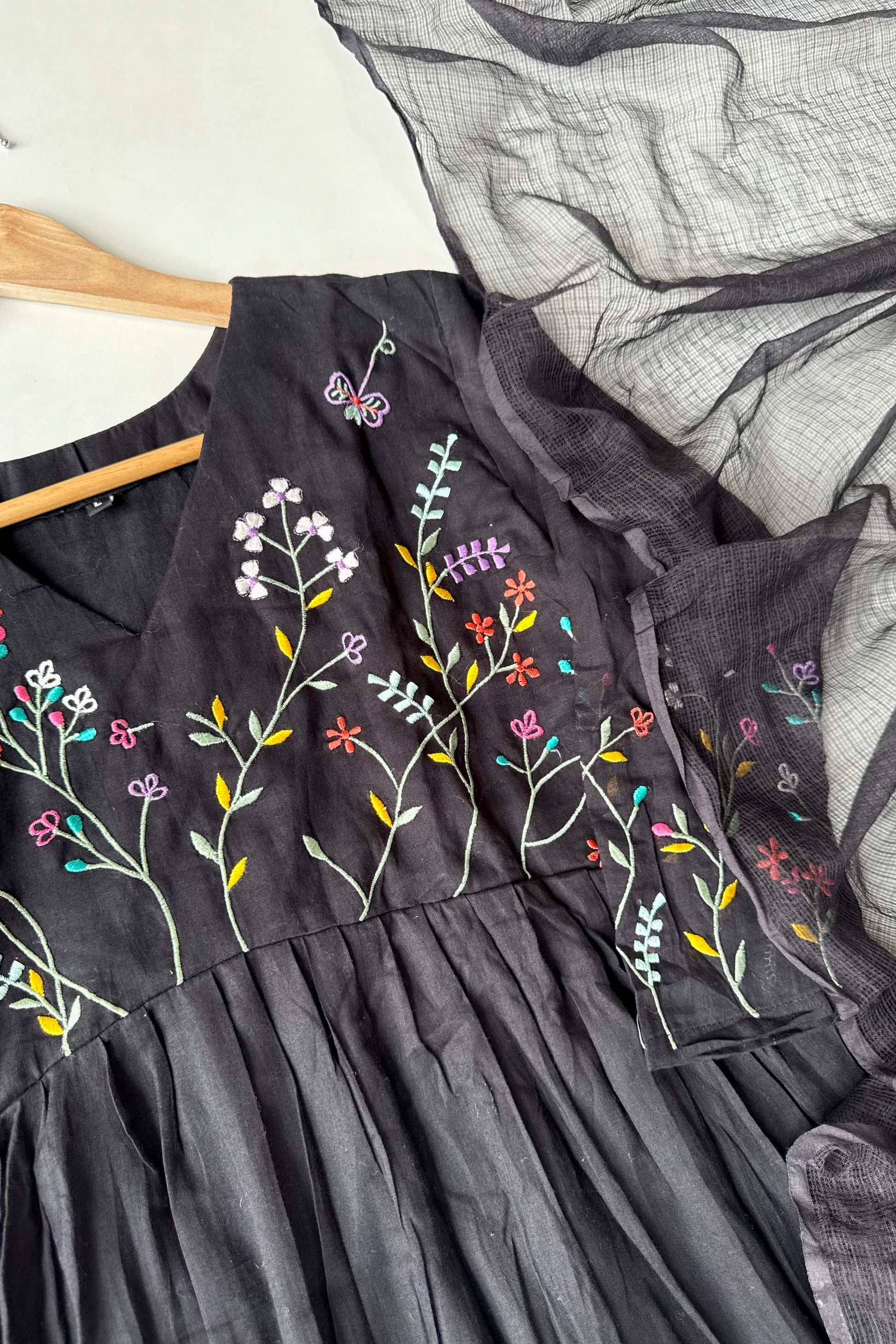 “Ziva” Beautiful Black Mul Cotton Embroidered Anarkali Kurta Set
