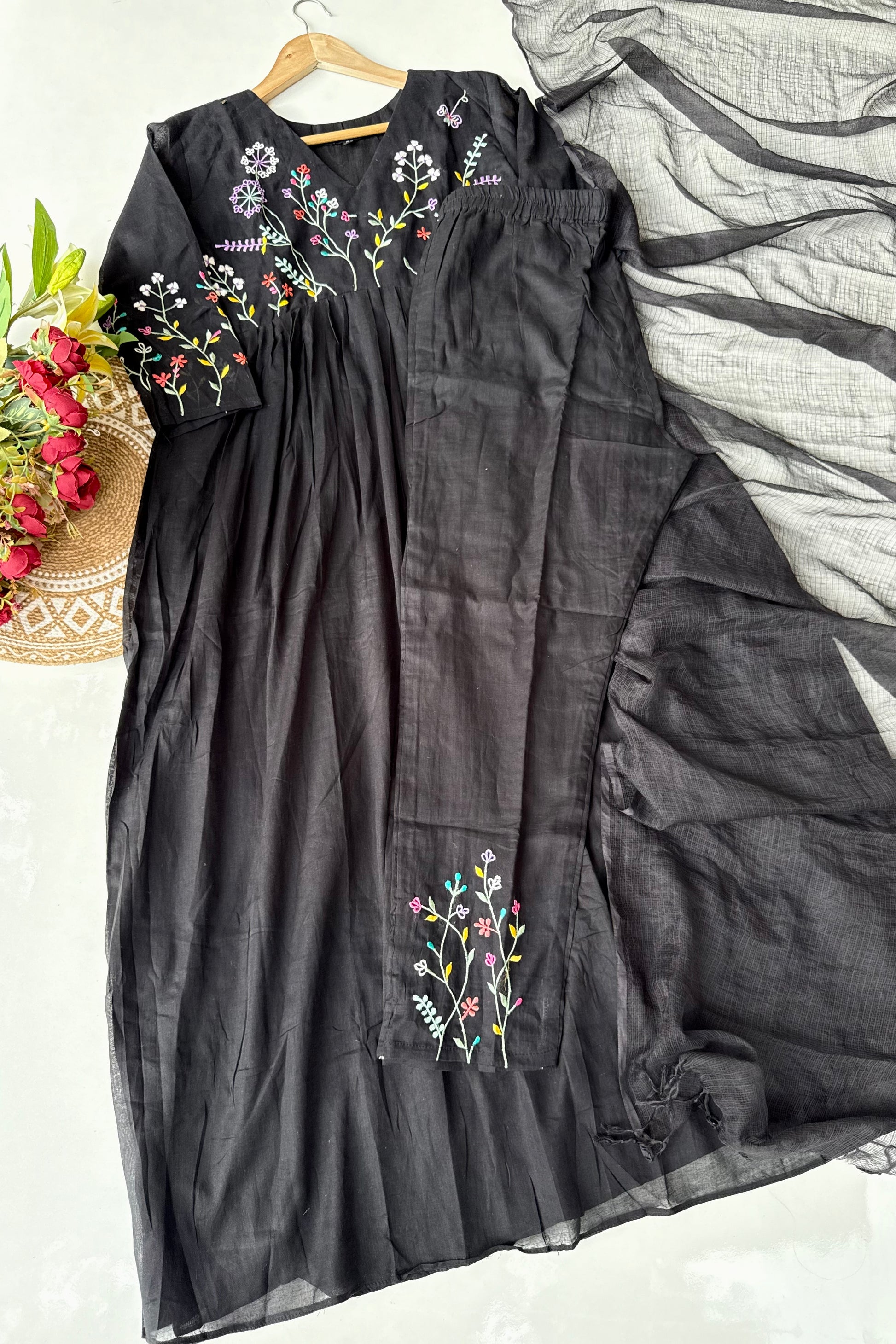 “Ziva” Beautiful Black Mul Cotton Embroidered Anarkali Kurta Set