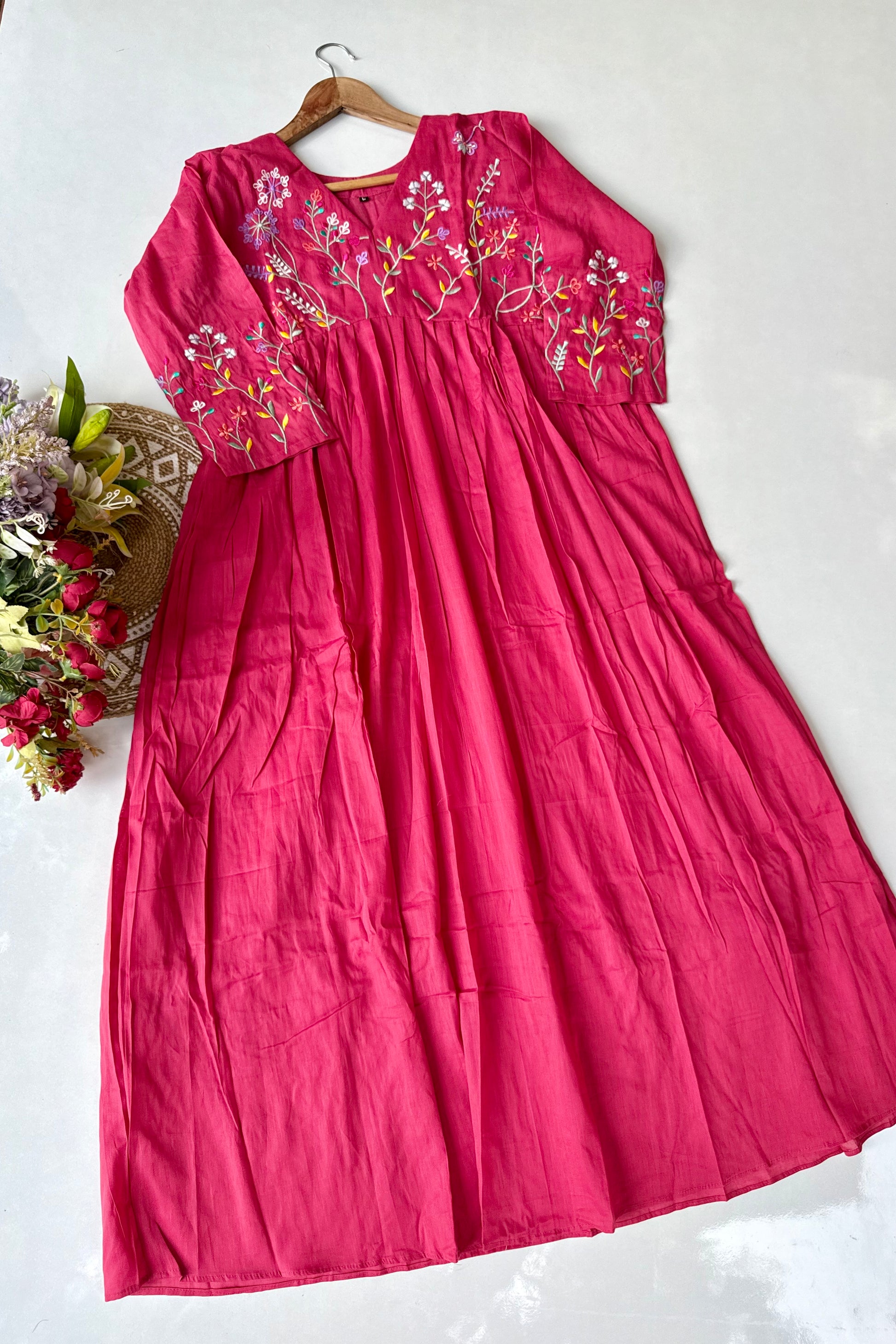 “Ziva” Beautiful Pink Mul Cotton Embroidered Anarkali Kurta Set
