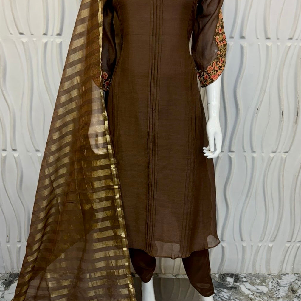 🛍️”Az021 – Premium Coffe Brown Mul Chanderi A Line Kurta Set