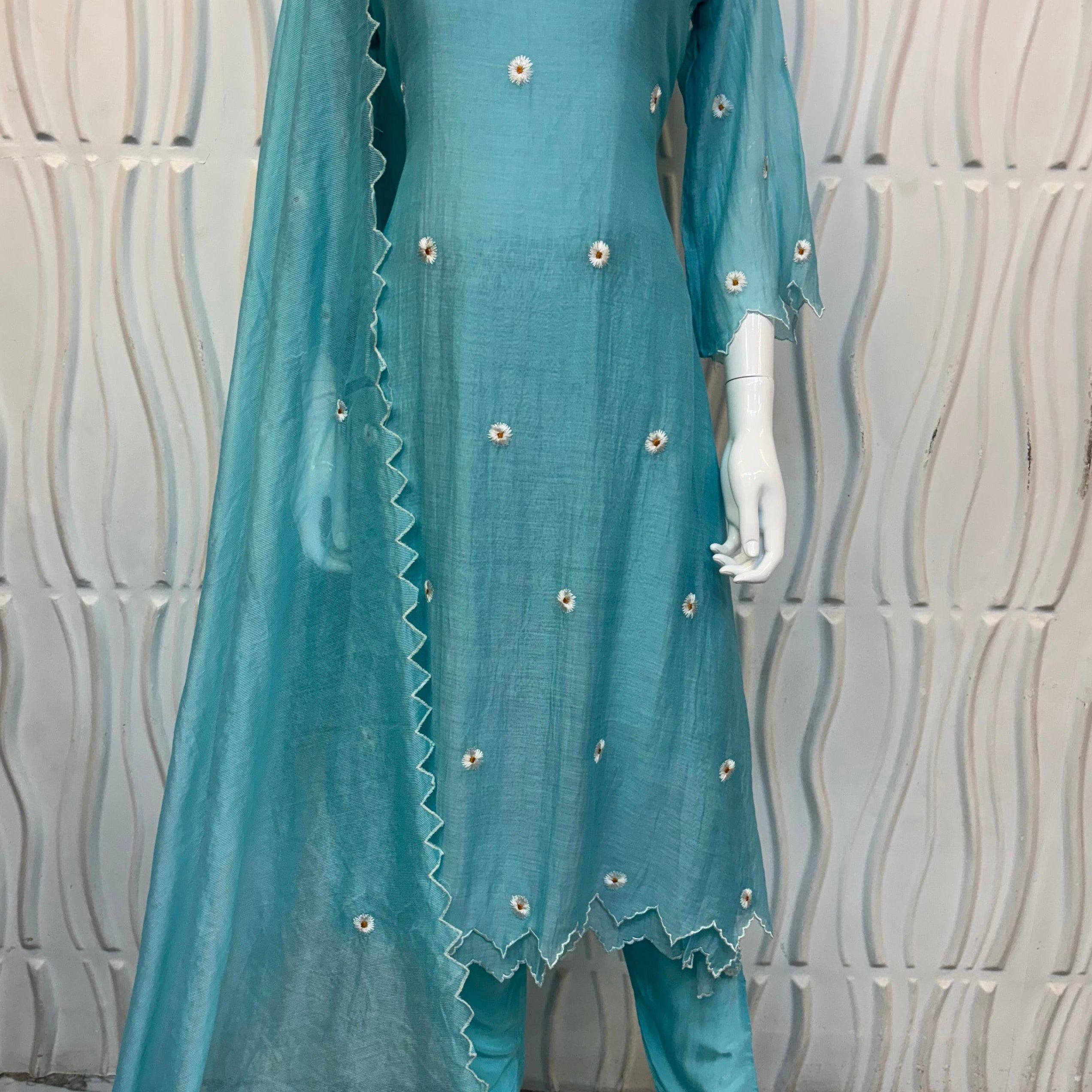 💫Tara – Premium Sea Blue Mul Chanderi A Line Kurta Set