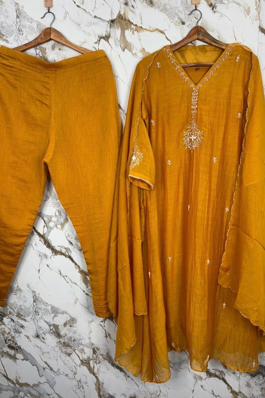 “HAYA” Premium Mul Chanderi A-Line Kurta with Bottom & Dupatta