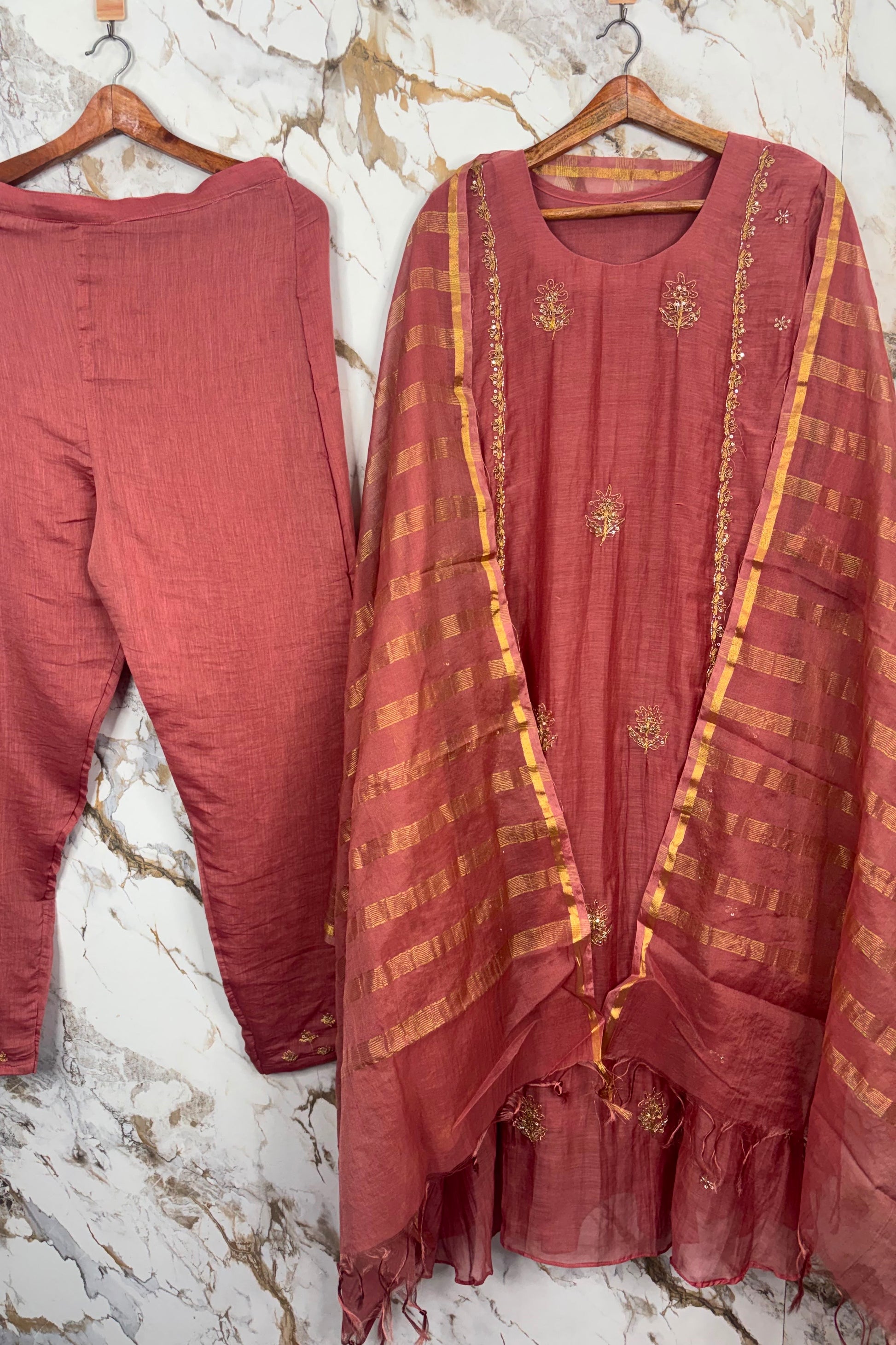 “Ujjwal” Trending Rose Mul Chanderi A Line Suit set 🛍️
