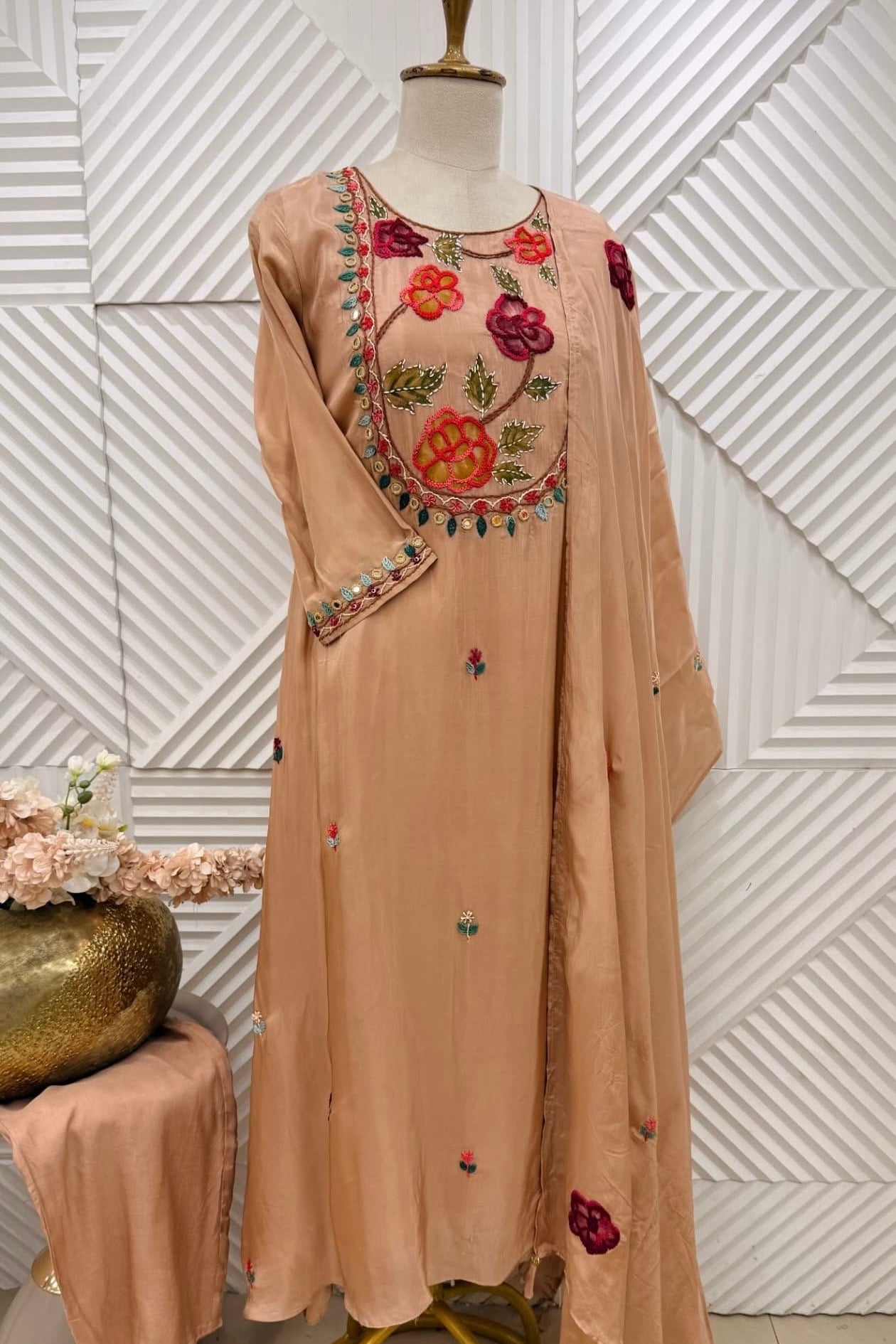 🛍️”Farhat –  Mul Chanderi Thread work A Line Kurta Set