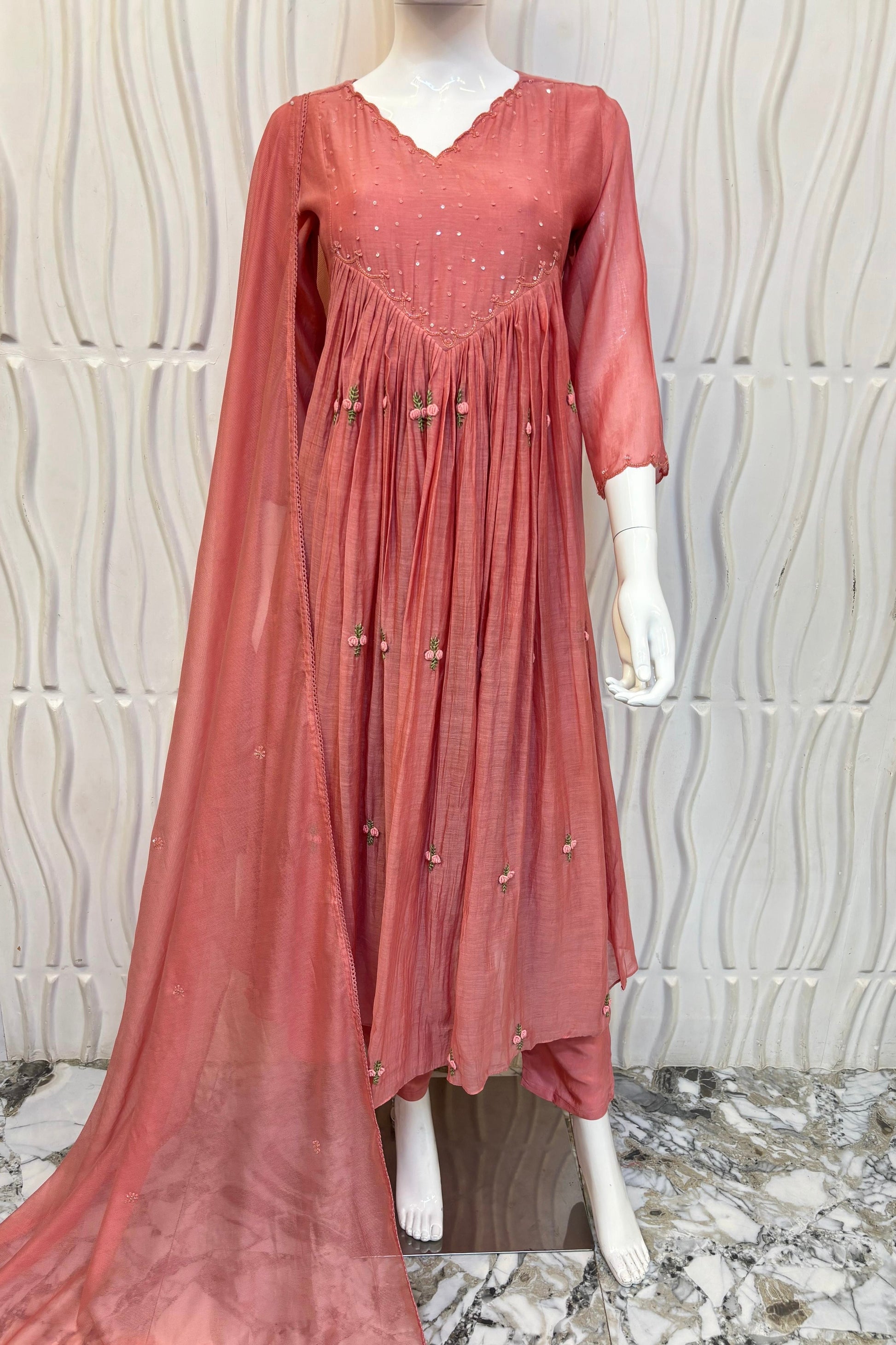 💫Snow – Premium Rosewood Peach Mul Chanderi Anarkali Kurta Set