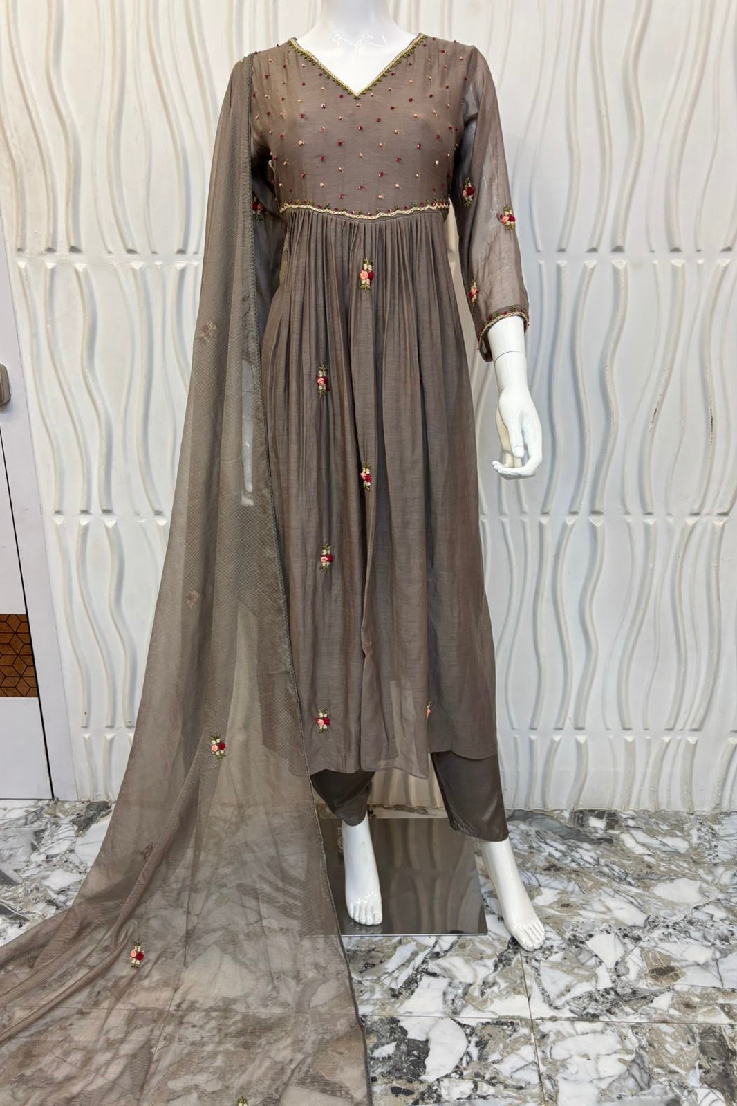 ✨” Smoky- Latest Smoky Taupe Grey Chanderi A-Line Kurta Set✨