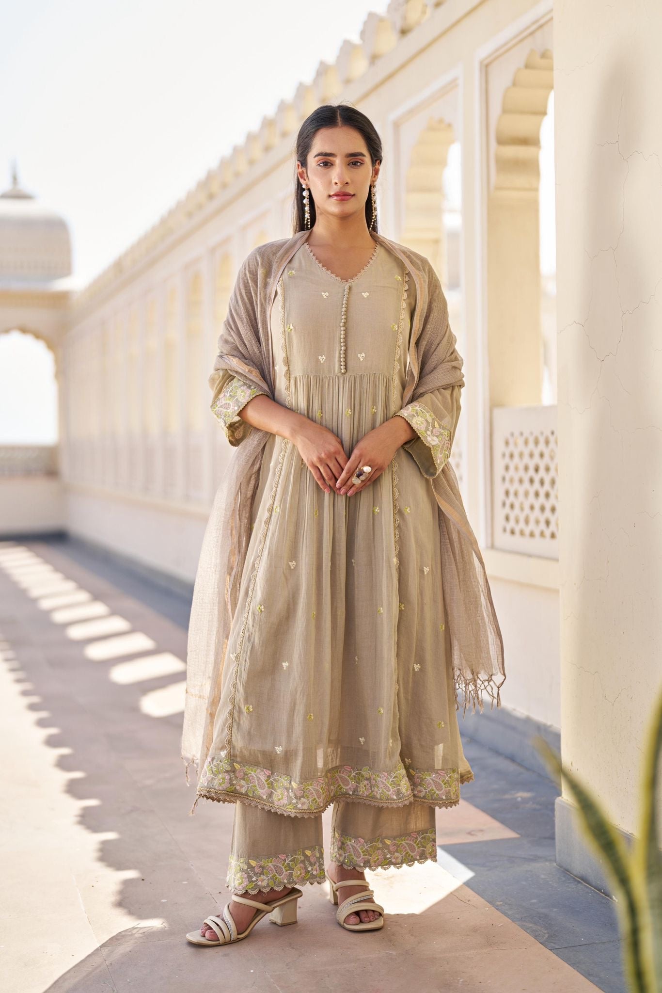 “Sana” Premium Sand Beige Cotton Embroidered Anarkali kurta set